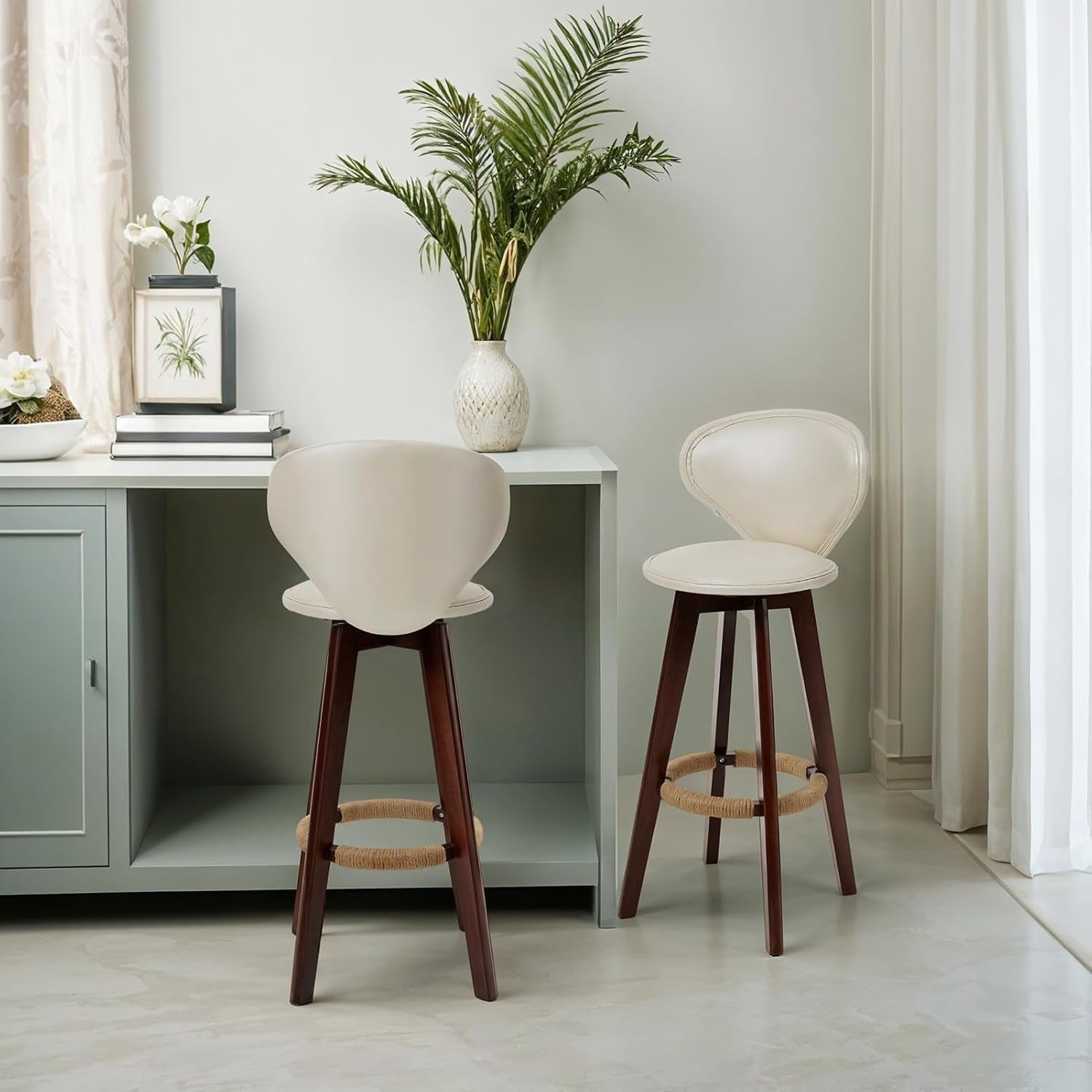 Swivel Bar Stools 2pcs Beige Faux Leather High Counter Kitchen Chairs