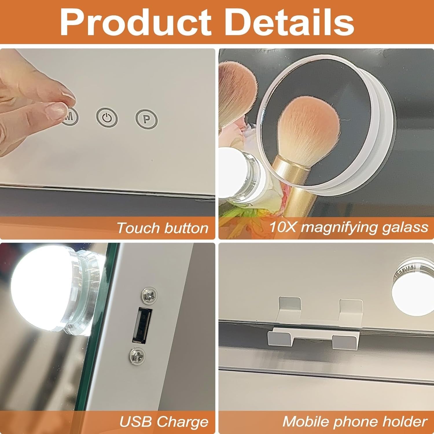 LED Makeup Mirror 50x40cm with 3 Light Modes, 10X Magnifier, Touch Control