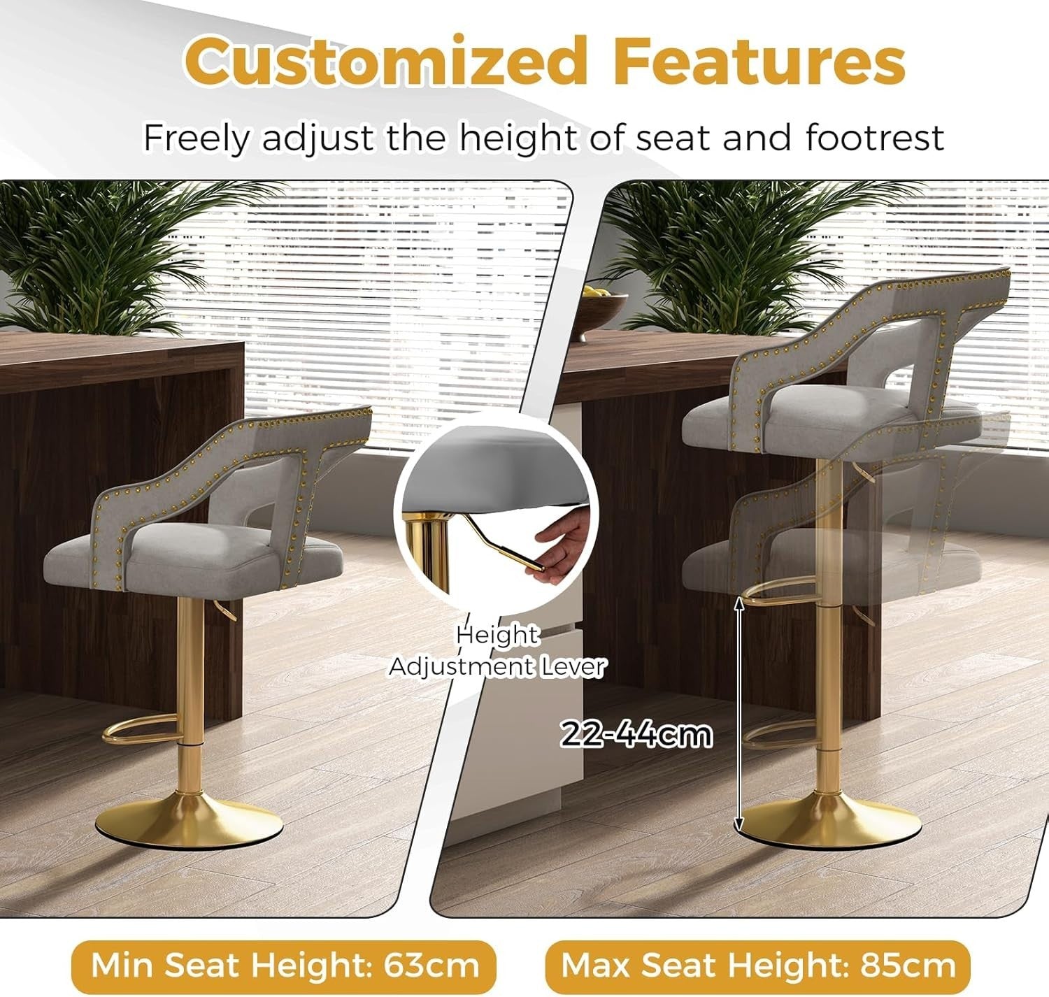 Luxury Velvet Bar Stools Set of 2 – Adjustable Swivel Counter Chairs