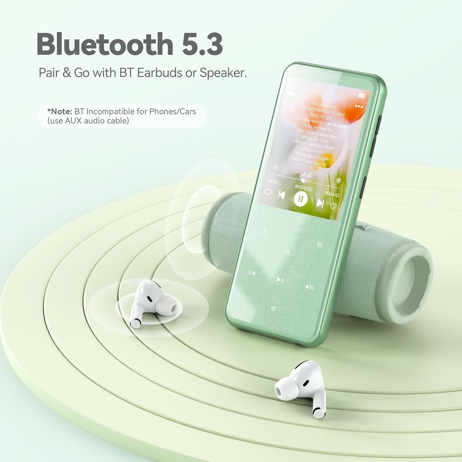 64GB Bluetooth 5.3 MP3 Player 2.4" Screen FM Radio Speaker Green