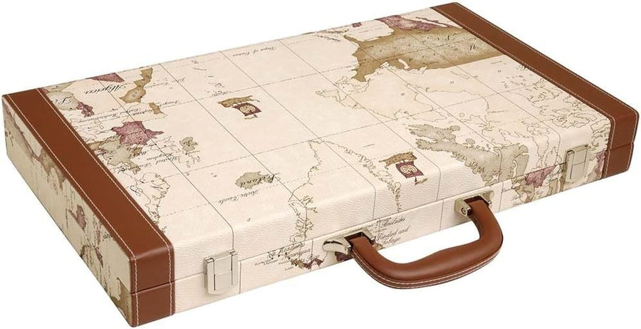 Luxury Backgammon Set 18 Inch Folding Board Travel Case World Map Design