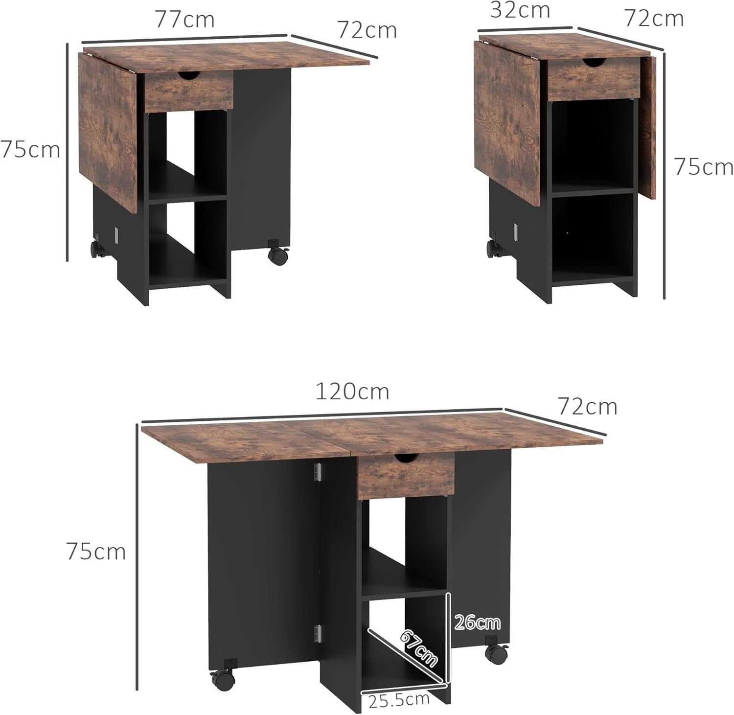 Folding Drop Leaf Dining Table with Drawer Shelves Rustic Brown Space Saver