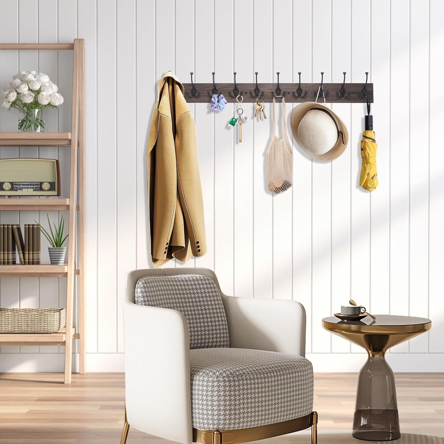 Rustic Wall Mounted Coat Rack 10 Hooks 34” Wood Hanging Rail Organizer