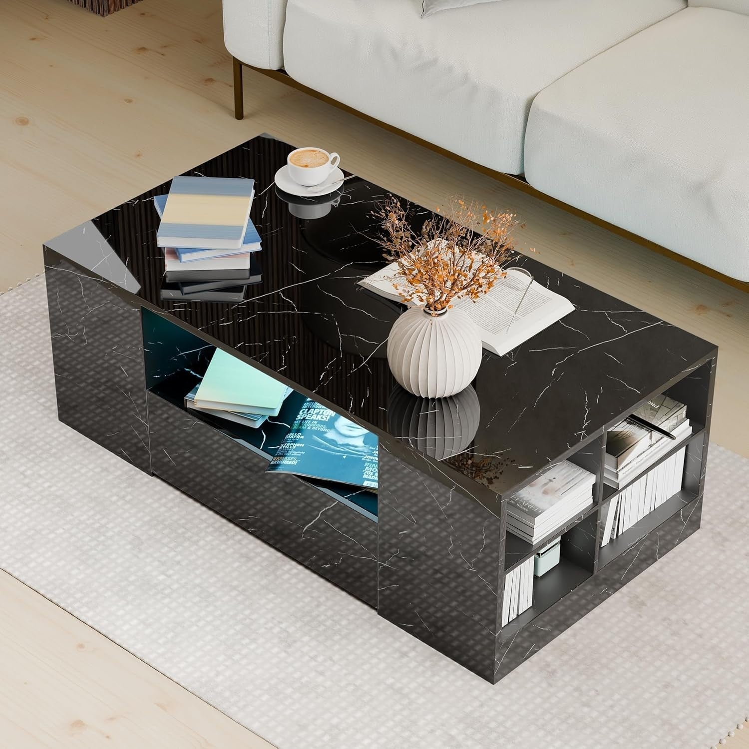 Blisswood LED Coffee Table with 2 Drawers, High Gloss Black Marble & RGB Lights