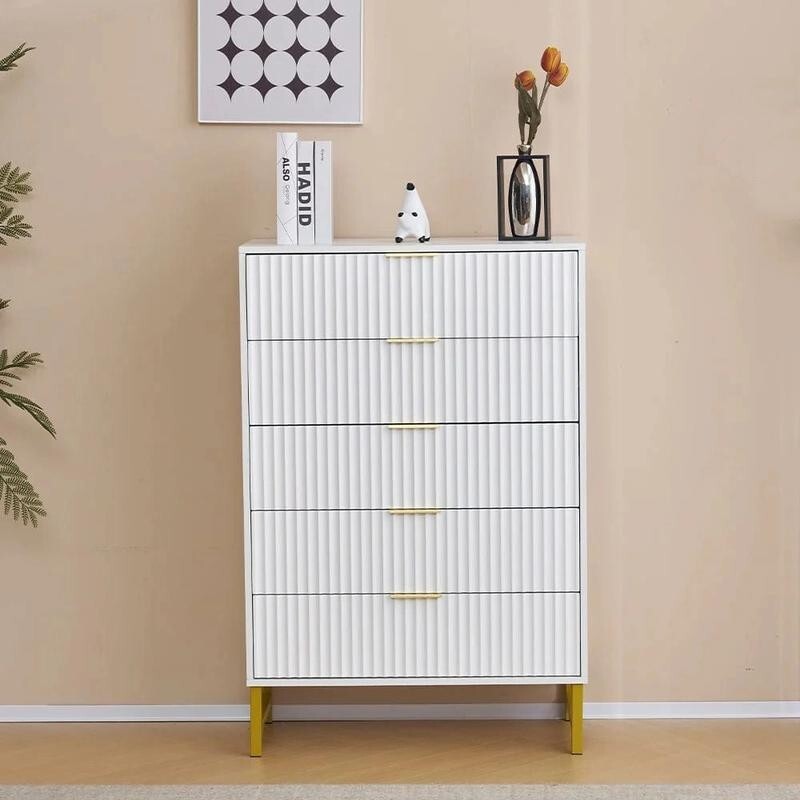 Modern White 5 Drawer Chest with Gold Legs – Bedroom Living Room Storage