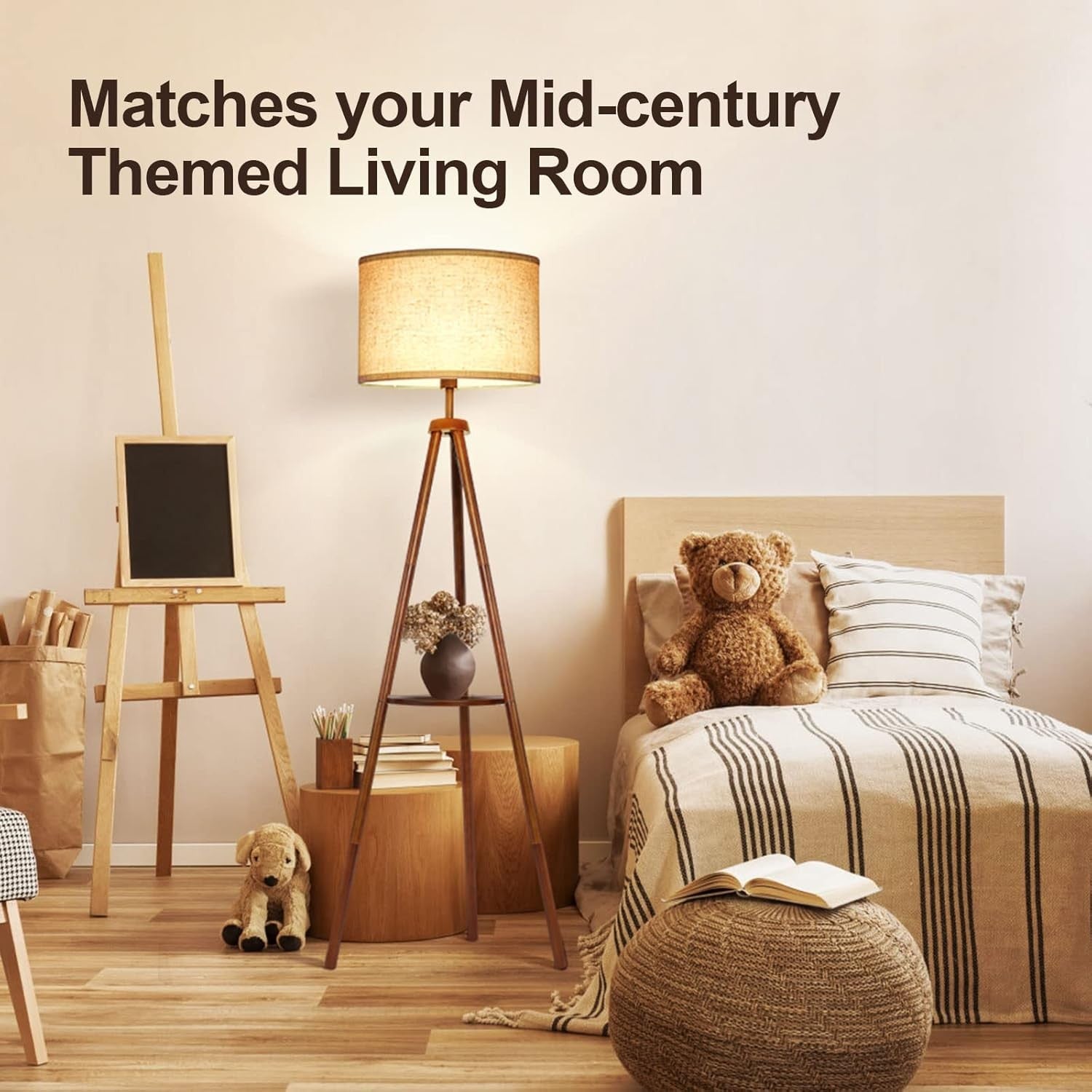 Wooden Tripod Floor Lamp Remote Dimmable Shelf Linen Shade Standing