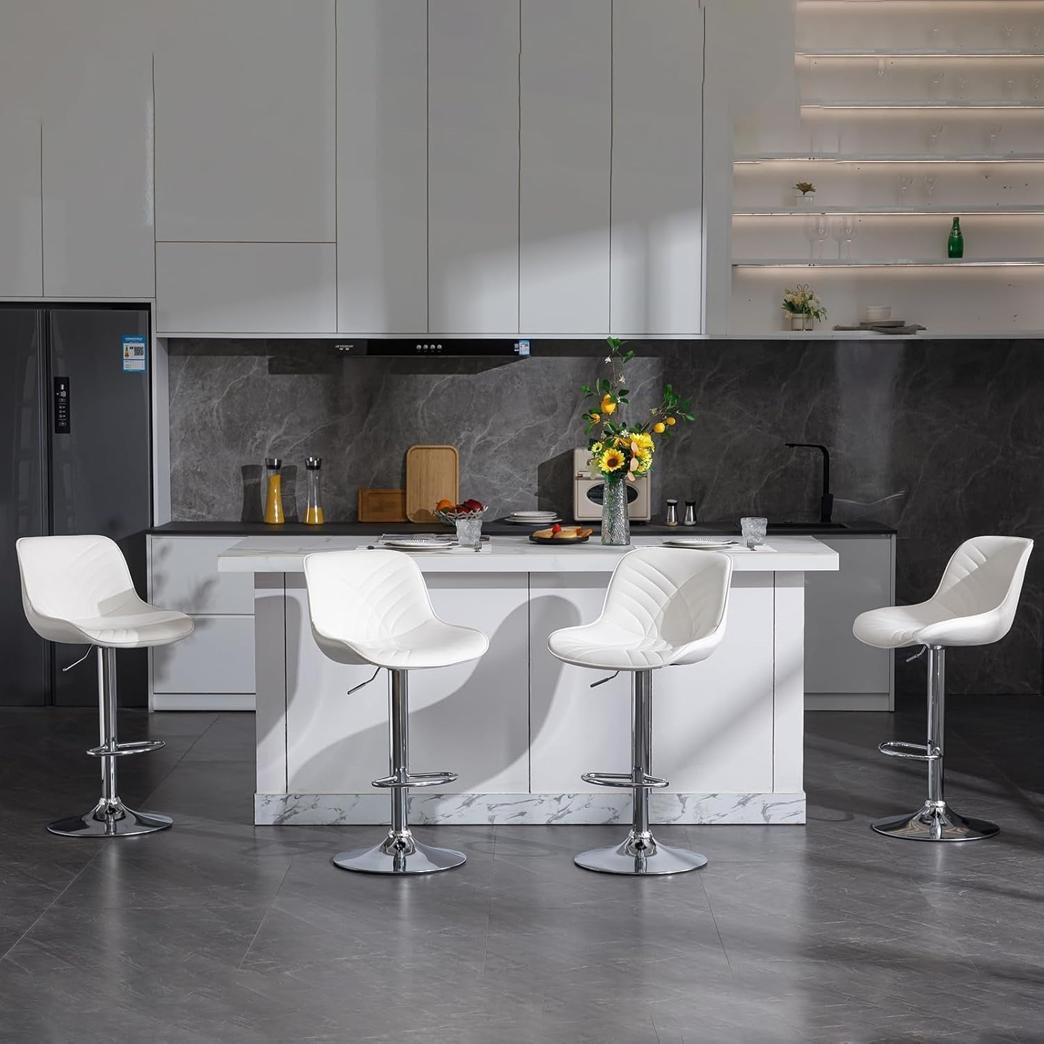 Adjustable White Faux Leather Bar Stools Set of 2 | Swivel Kitchen & Counter