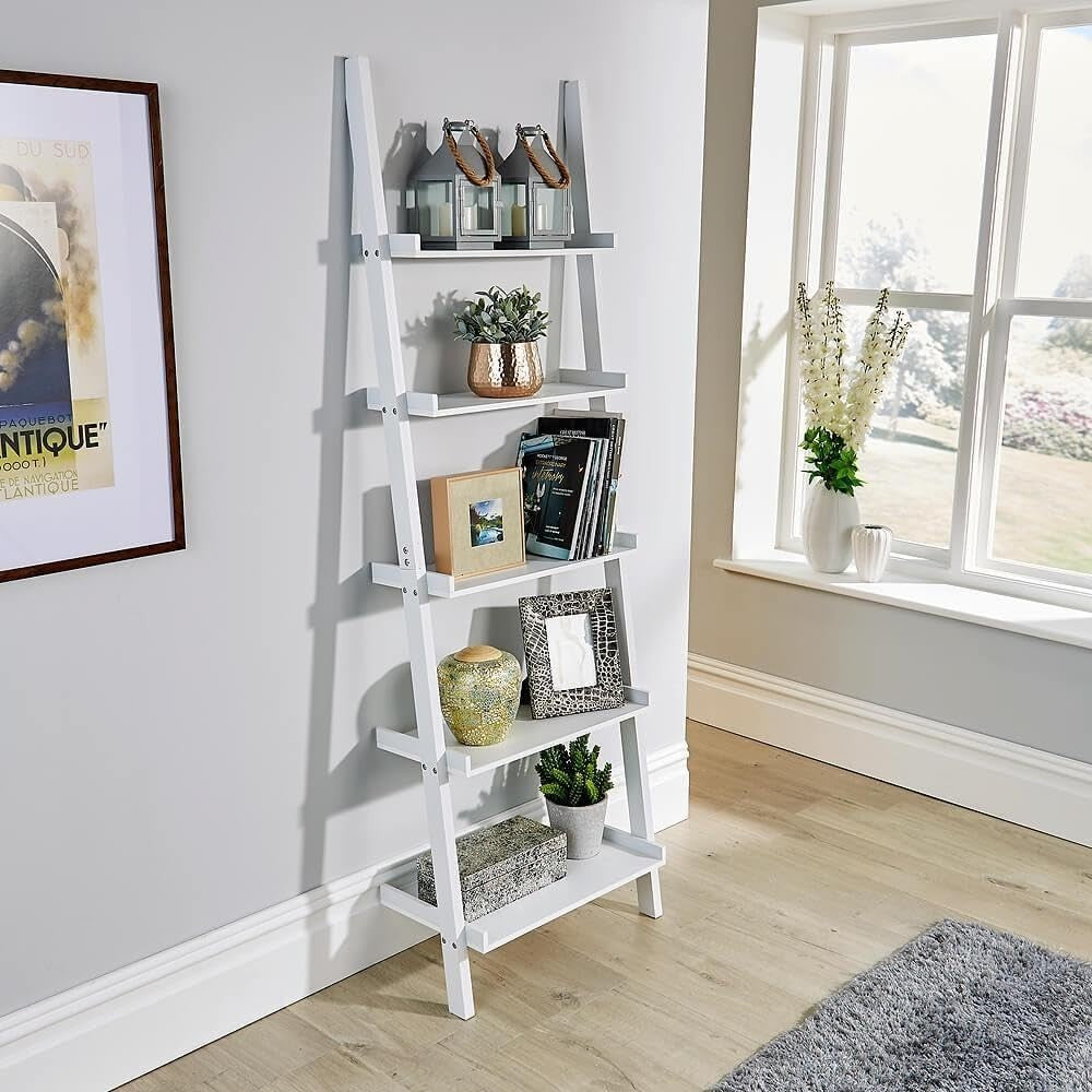 5 Tier Ladder Bookcase Shelving Unit Wall Storage Display Shelf White