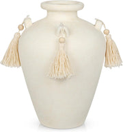 Beige Ceramic Vase with Tassels Boho Pampas Grass Rustic Home Decor 24cm