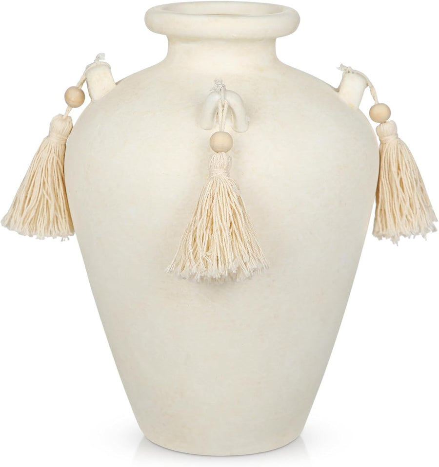 Beige Ceramic Vase with Tassels Boho Pampas Grass Rustic Home Decor 24cm
