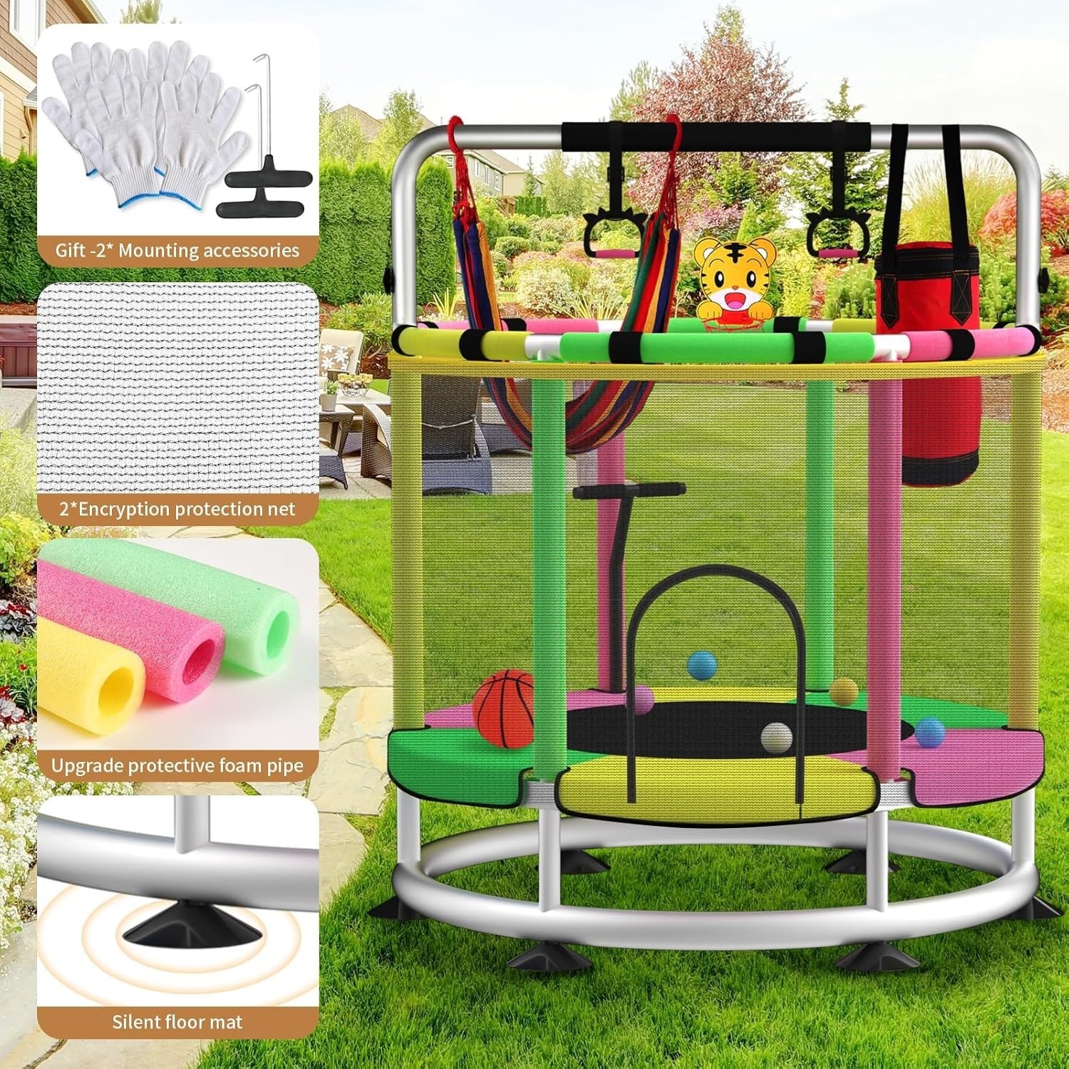 140cm Kids Trampoline with Enclosure Adjustable Gym Bar Toys 440LB
