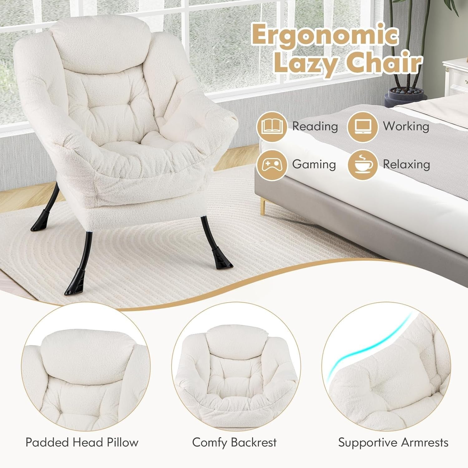 Beige Sherpa Armchair Comfy Lounge Reading Chair Sofa w/ Side Pocket