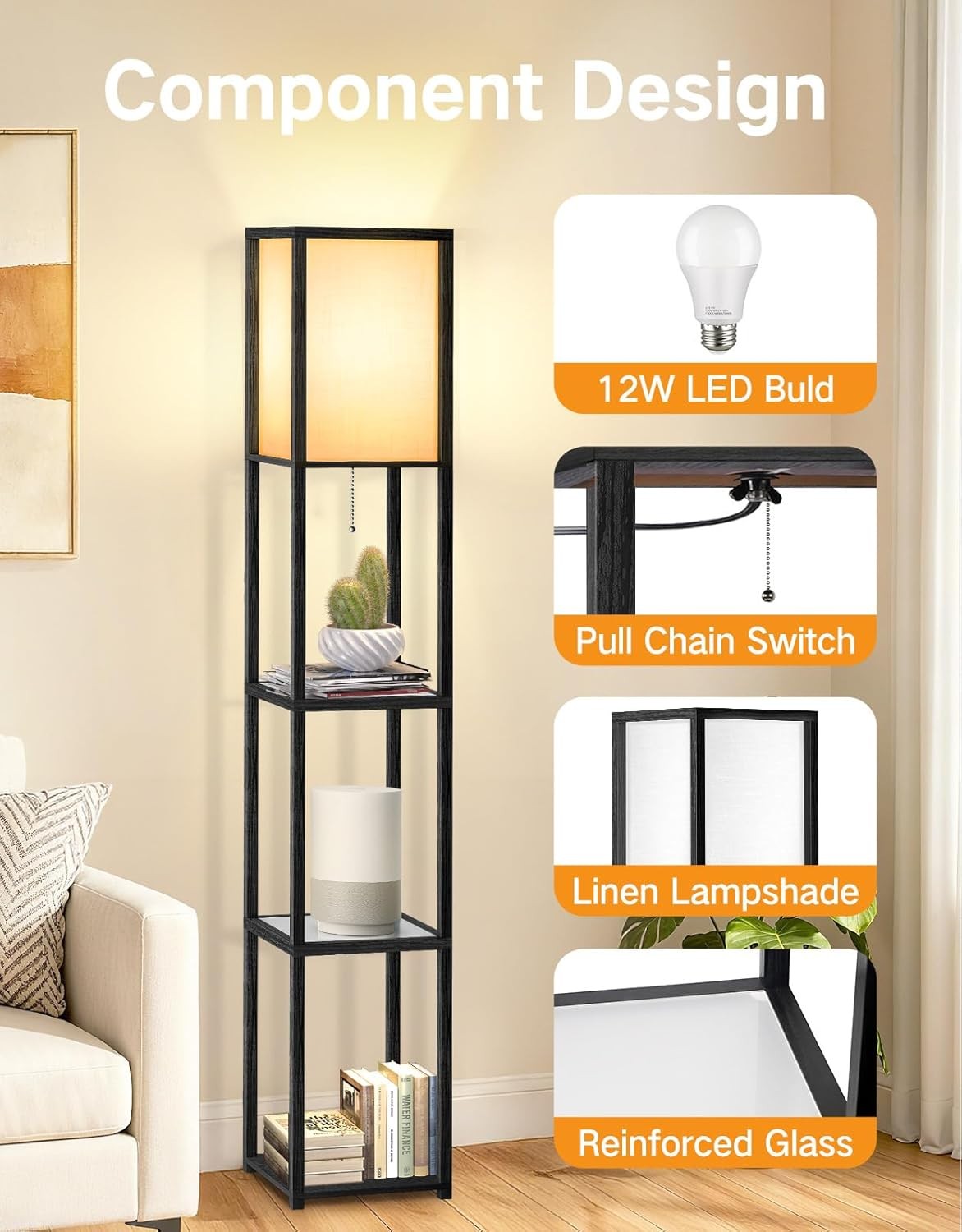 Floor Lamp with Shelves LED Adjustable Colour Standing Storage Light Black