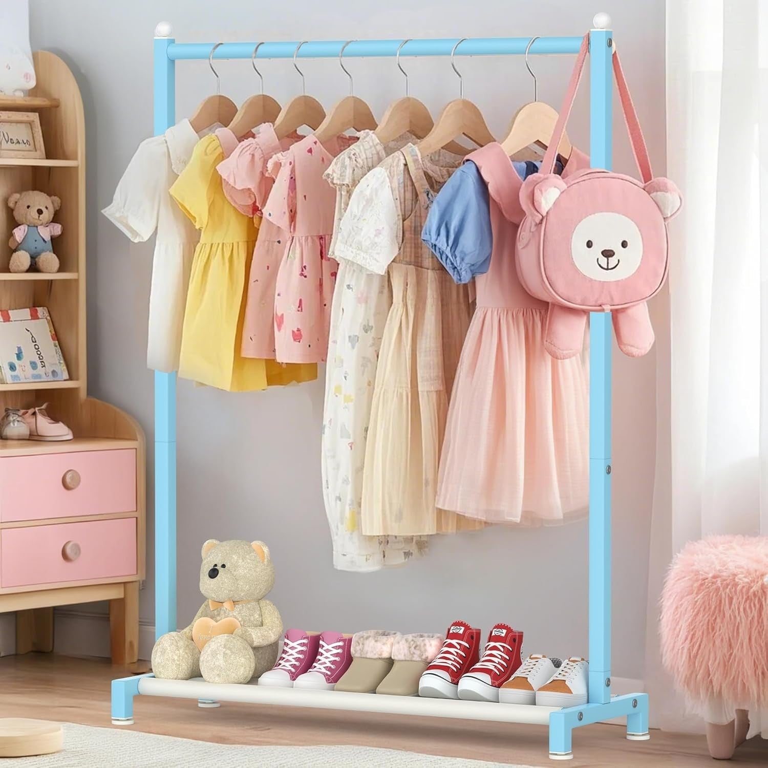 Blue Kids Clothing Rack with Shelf & Adjustable Feet 117cm