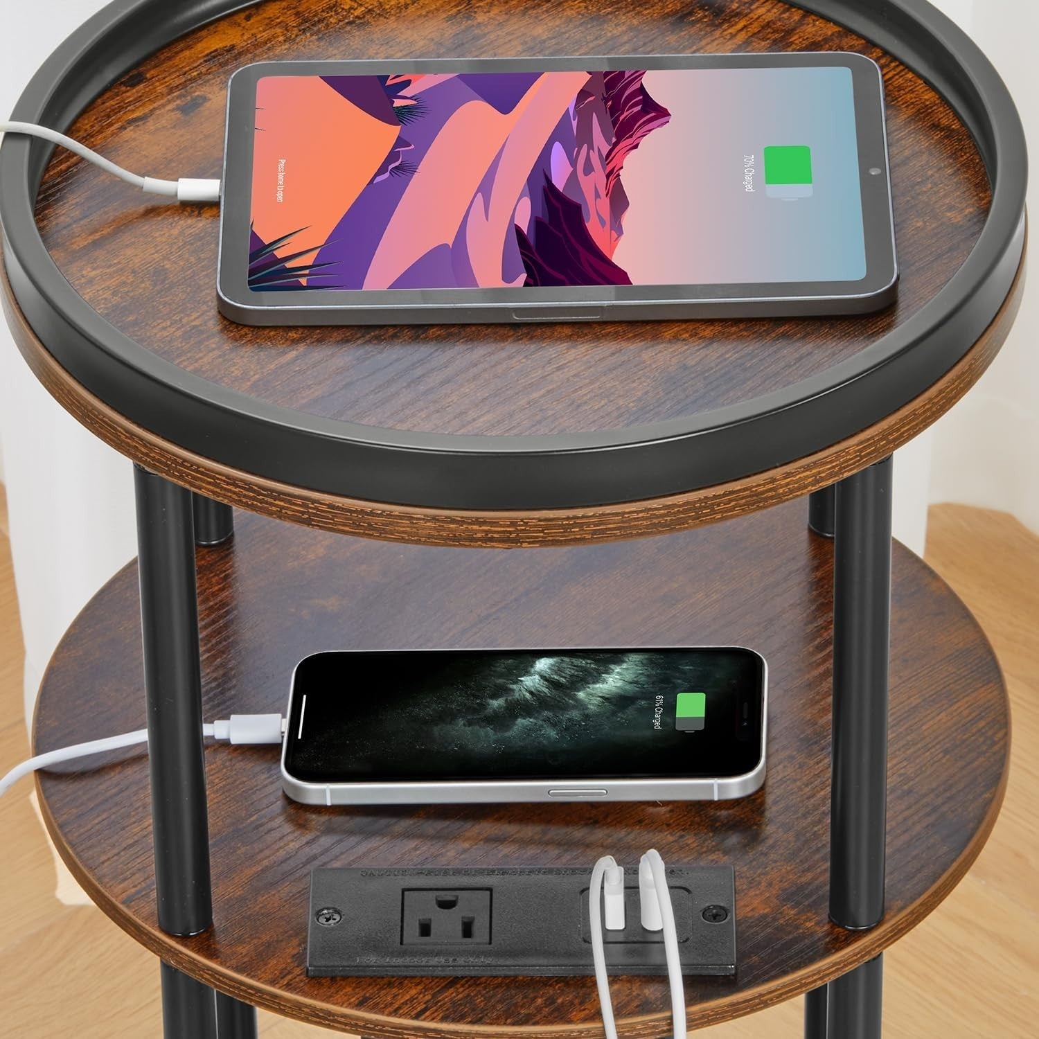 Small Round End Table with USB & Power Outlets, 3-Tier Rustic Side Table