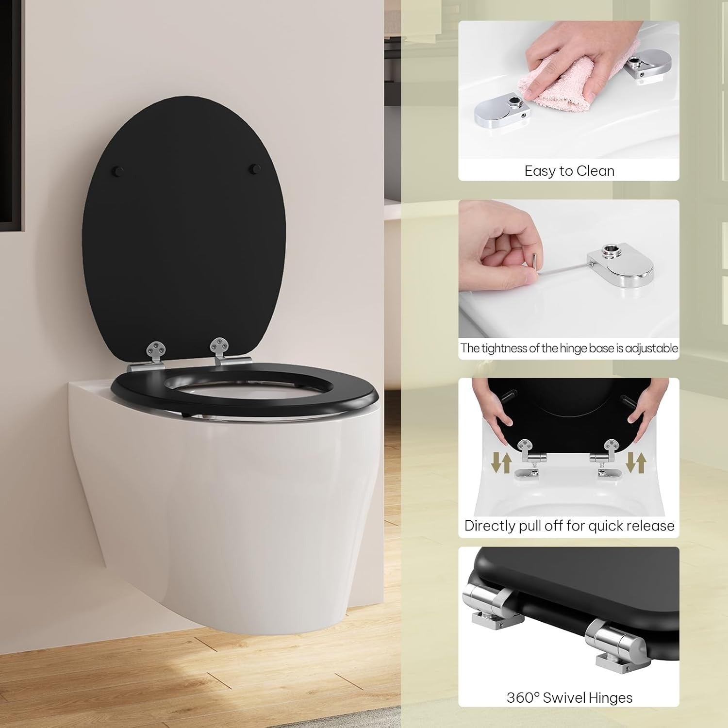 Soft Close O-Shaped Toilet Seat Quick Release MDF Matte Black Heavy Duty