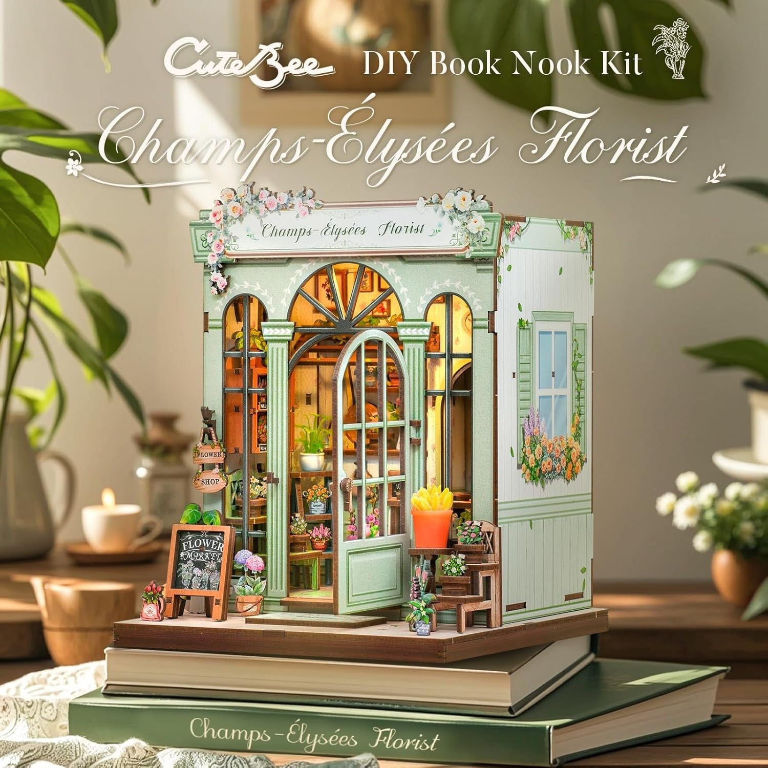 DIY Book Nook Kit Miniature Flower Shop Dollhouse Bookshelf Decor