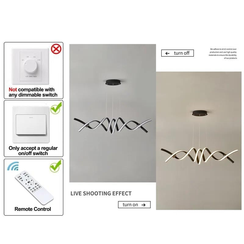 Modern LED Pendant Chandelier Light Remote Control 2 Strip 38W Black