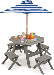 Kids Wooden Picnic Table Set w/ 4 Stools & Adjustable Umbrella Outdoor Indoor