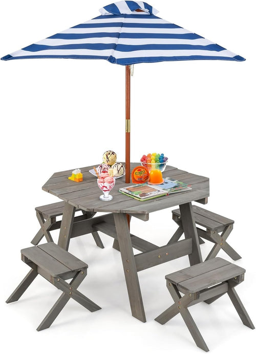 Kids Wooden Picnic Table Set w/ 4 Stools & Adjustable Umbrella Outdoor Indoor