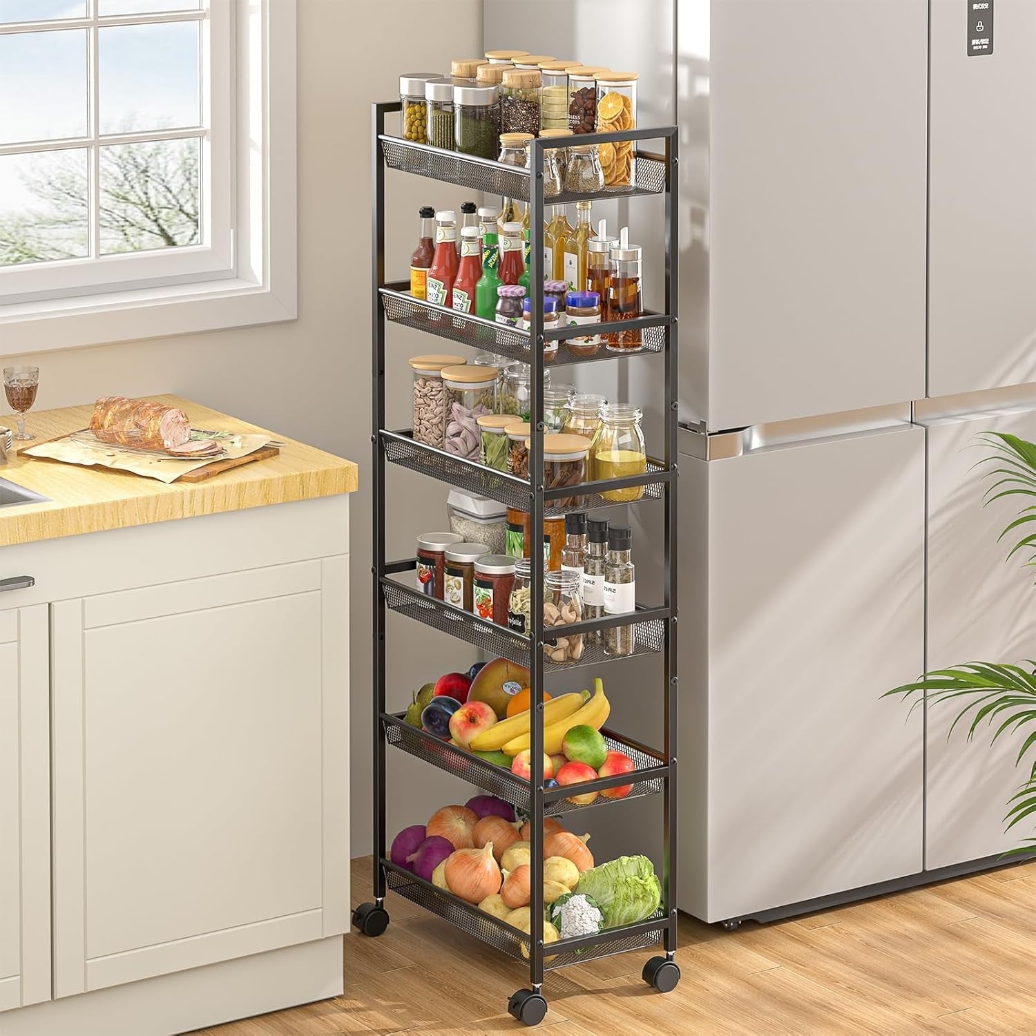 6 Tier Slim Rolling Storage Cart Narrow Metal Shelving Unit on Wheels