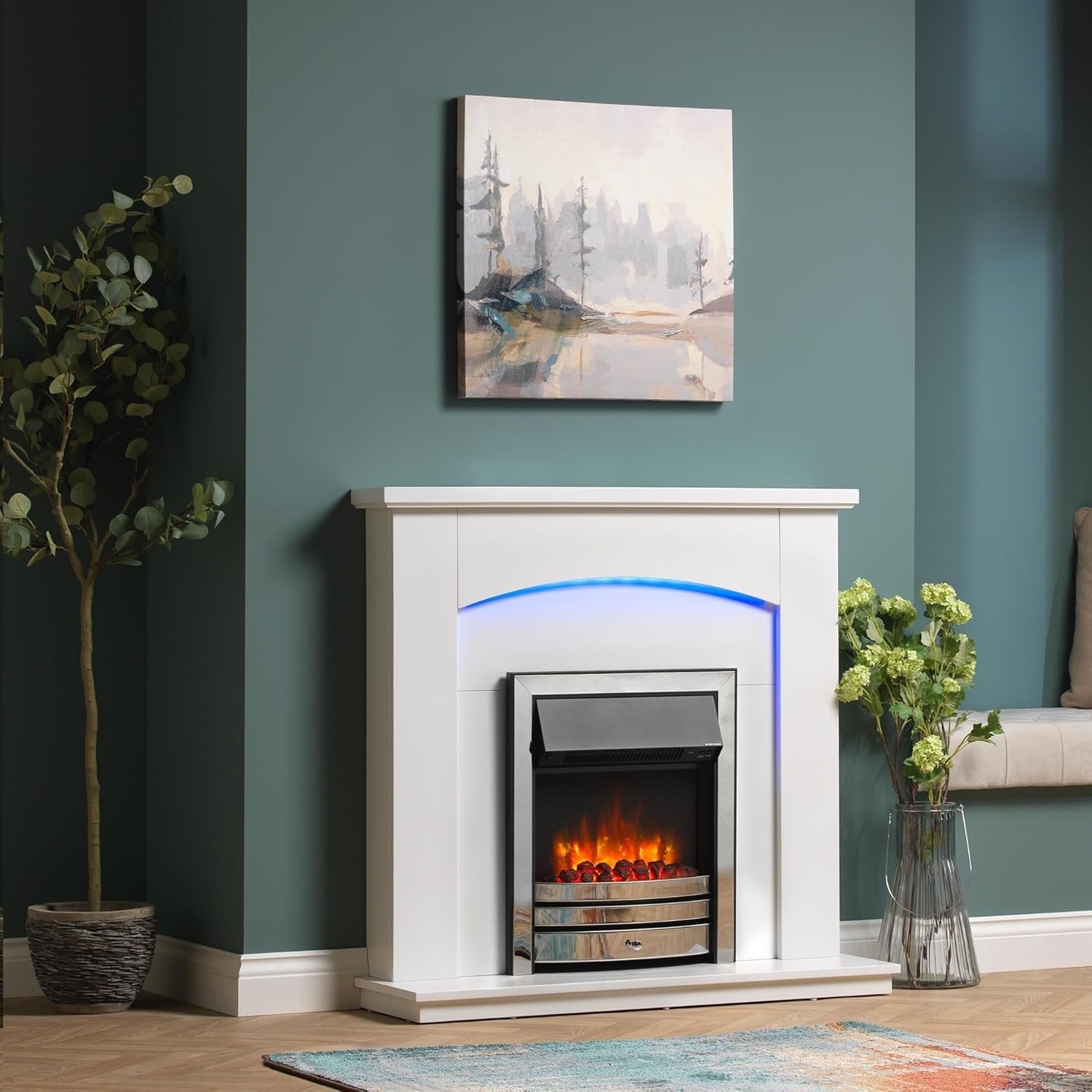 42” Electric Fireplace Suite Remote Heater Brass Trim Log Flame MDF