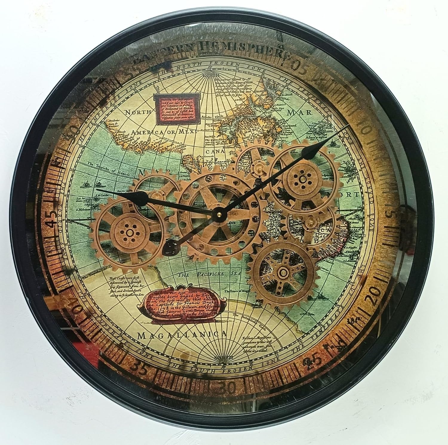 24” Moving Gear Wall Clock Vintage Retro Round Metal Map Design 60cm