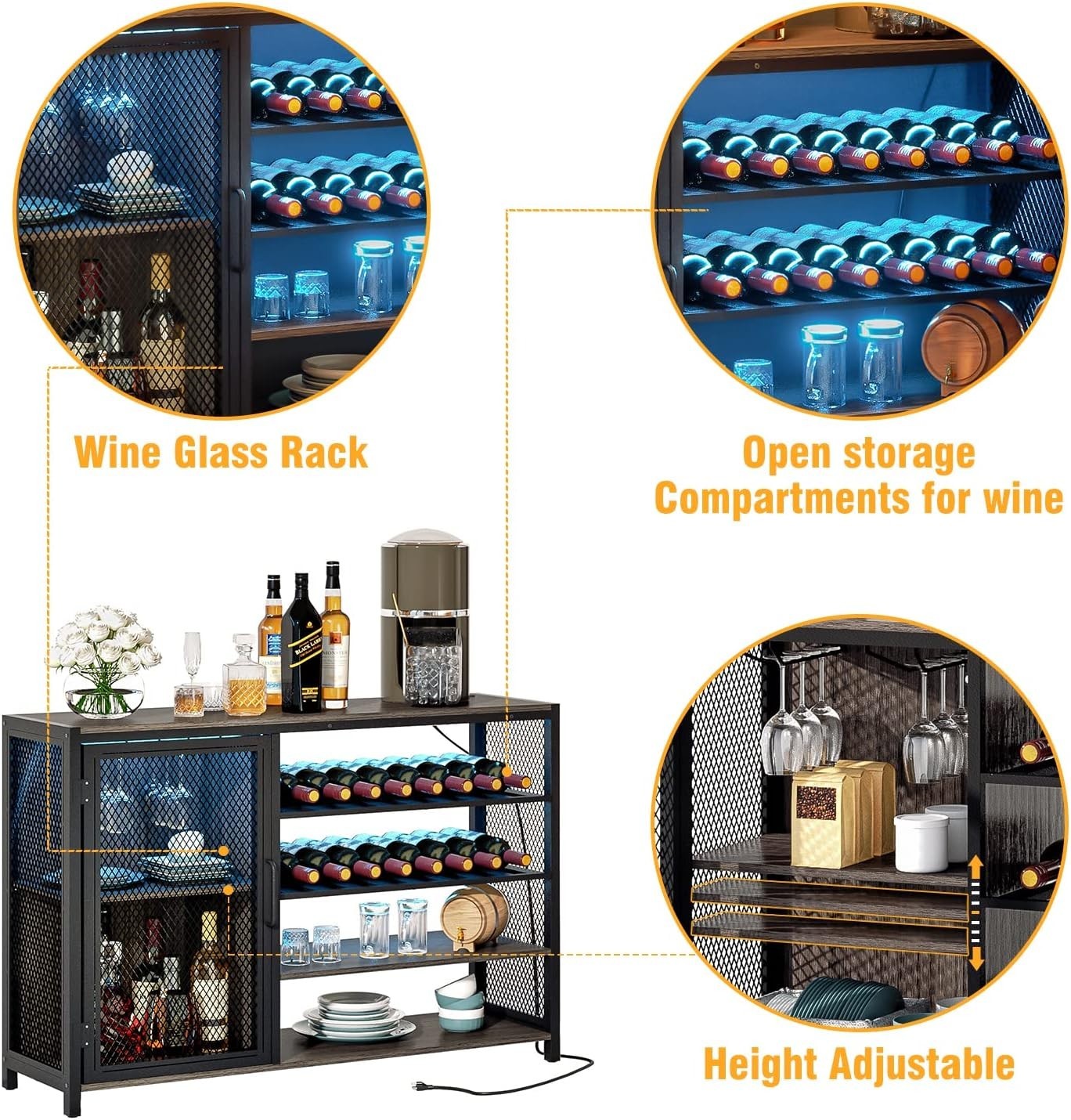 LED Home Bar Cabinet with Power Outlets, Wine Rack & Glass Holder