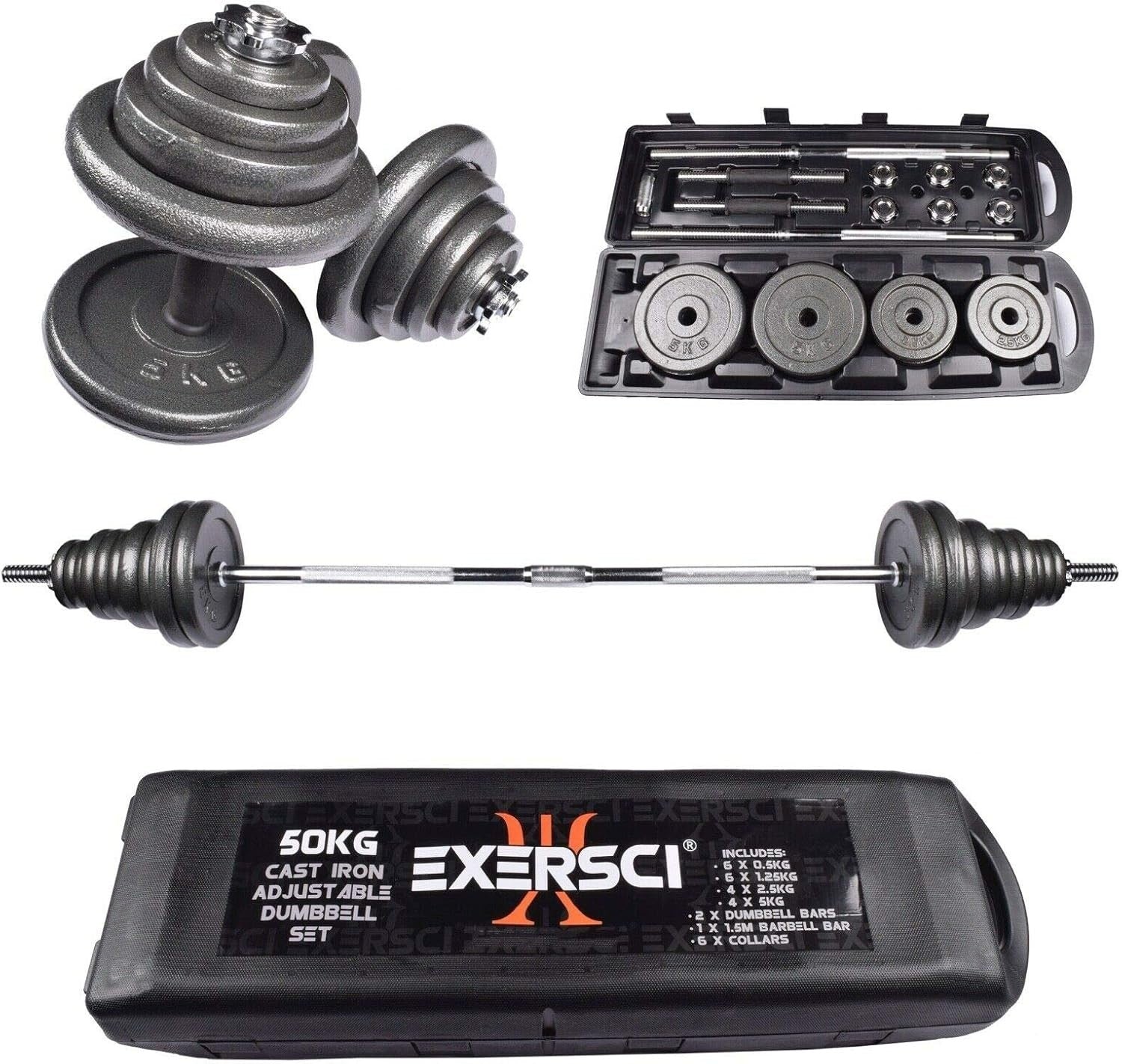 50KG Adjustable Dumbbell & Barbell Set Cast Iron Weights Home Gym Case