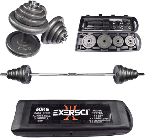 50KG Adjustable Dumbbell & Barbell Set Cast Iron Weights Home Gym Case