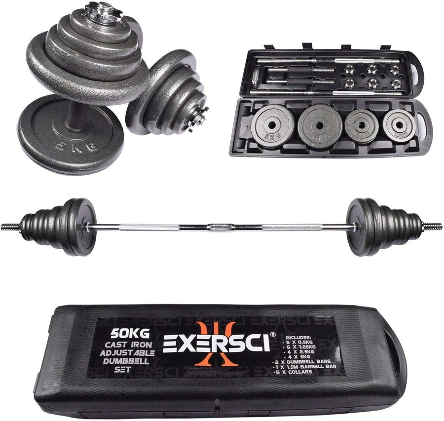 50KG Adjustable Dumbbell & Barbell Set Cast Iron Weights Home Gym Case