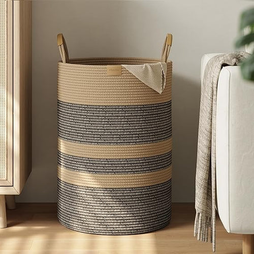 95L Large Foldable Laundry Basket with Leather Handles, Woven Dark Brown Striped