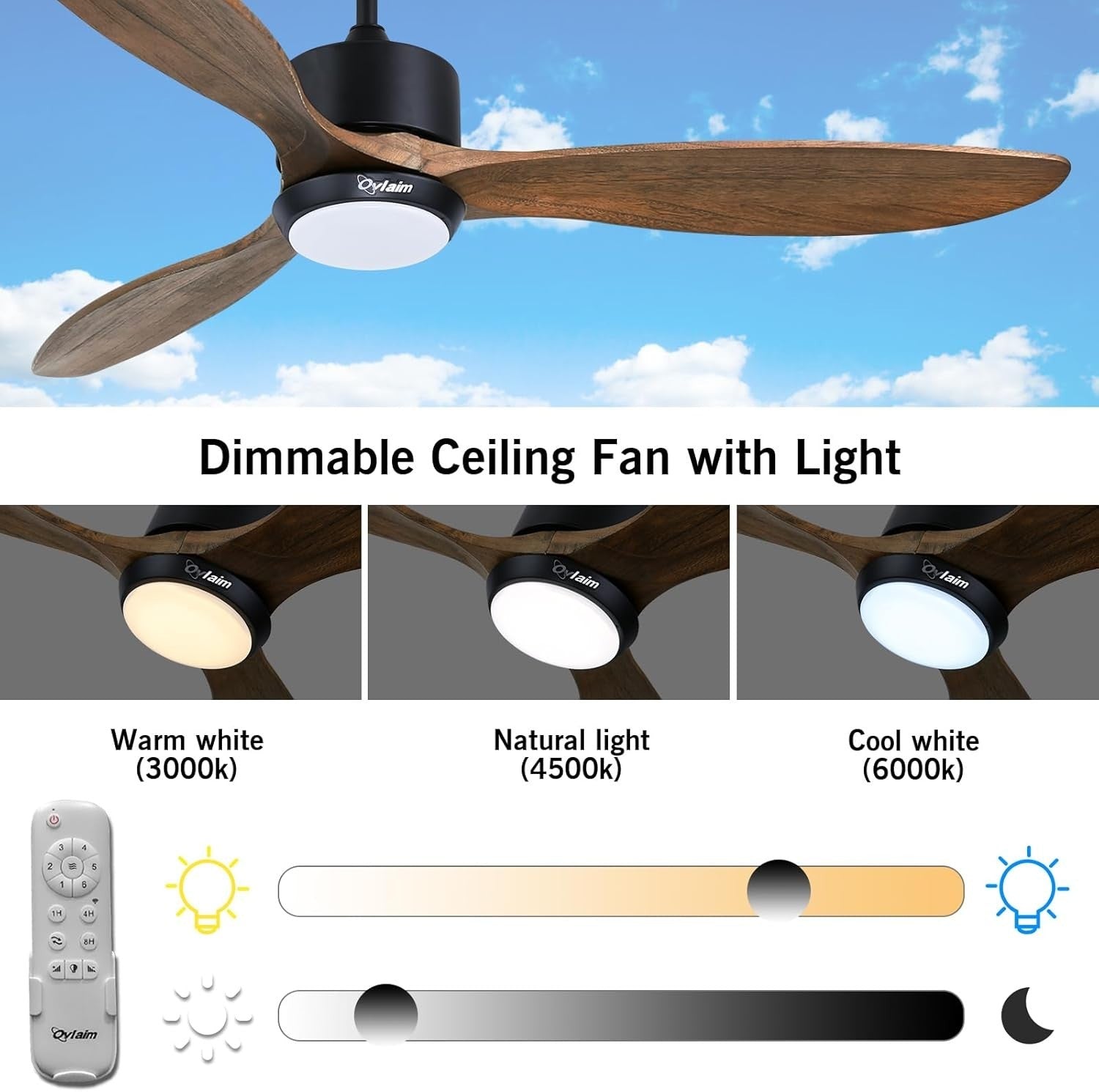 Ovlaim 132cm Wood Ceiling Fan with Light, Quiet DC Motor, Remote Control