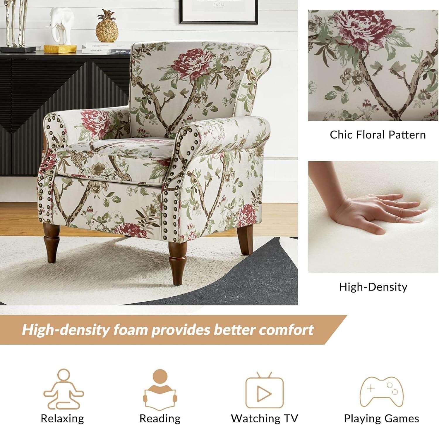 Floral Wingback Accent Chair Comfy Armchair Tufted Back Wood Legs