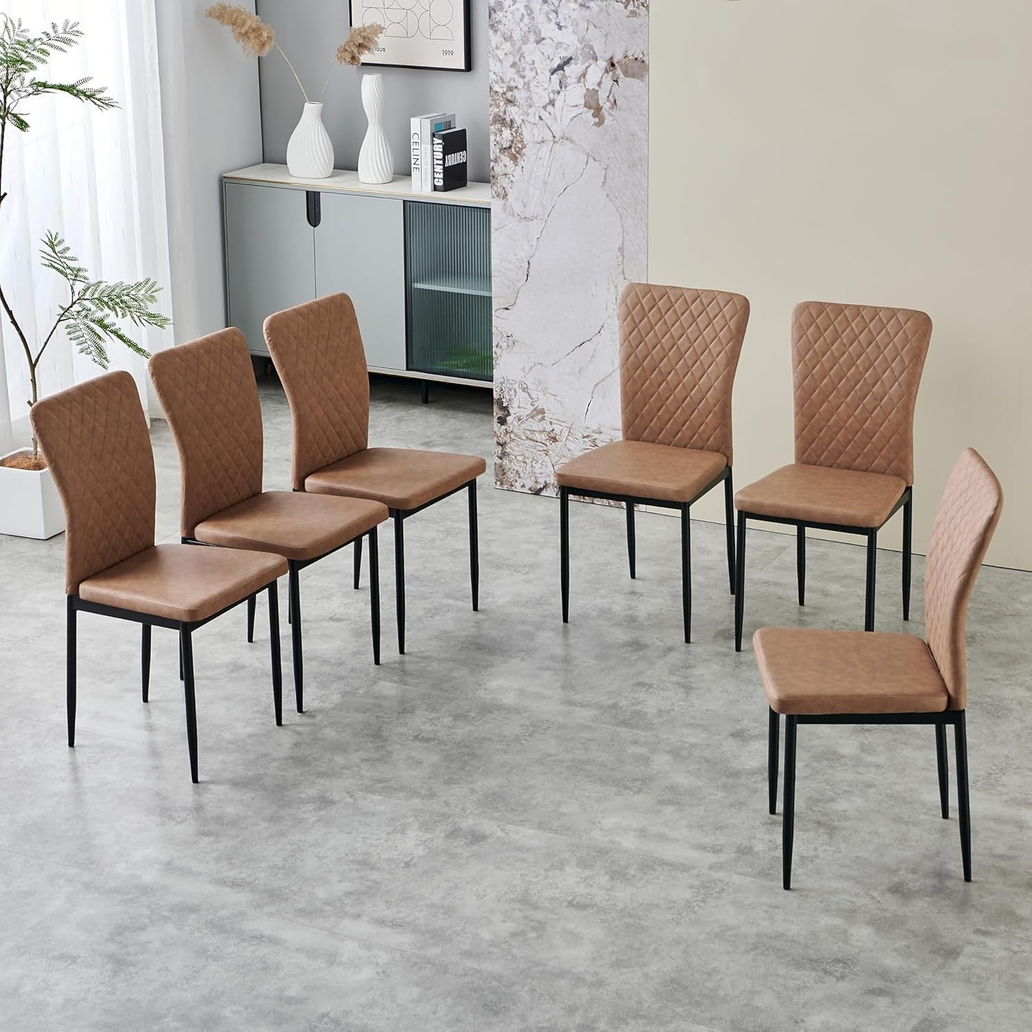 Modern Dining Table Set 6 with 6 Brown PU Leather Chairs Oak Kitchen Table
