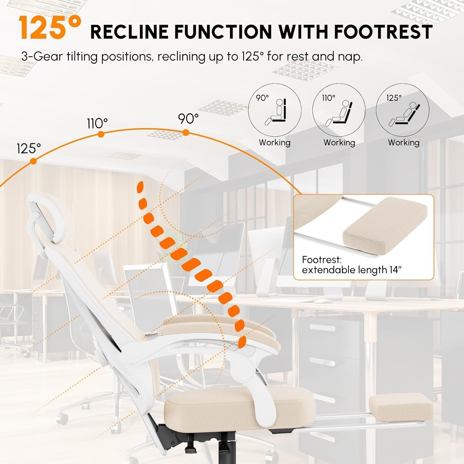 Ergonomic Office Chair Mesh Swivel Desk Chair Reclining Footrest Beige