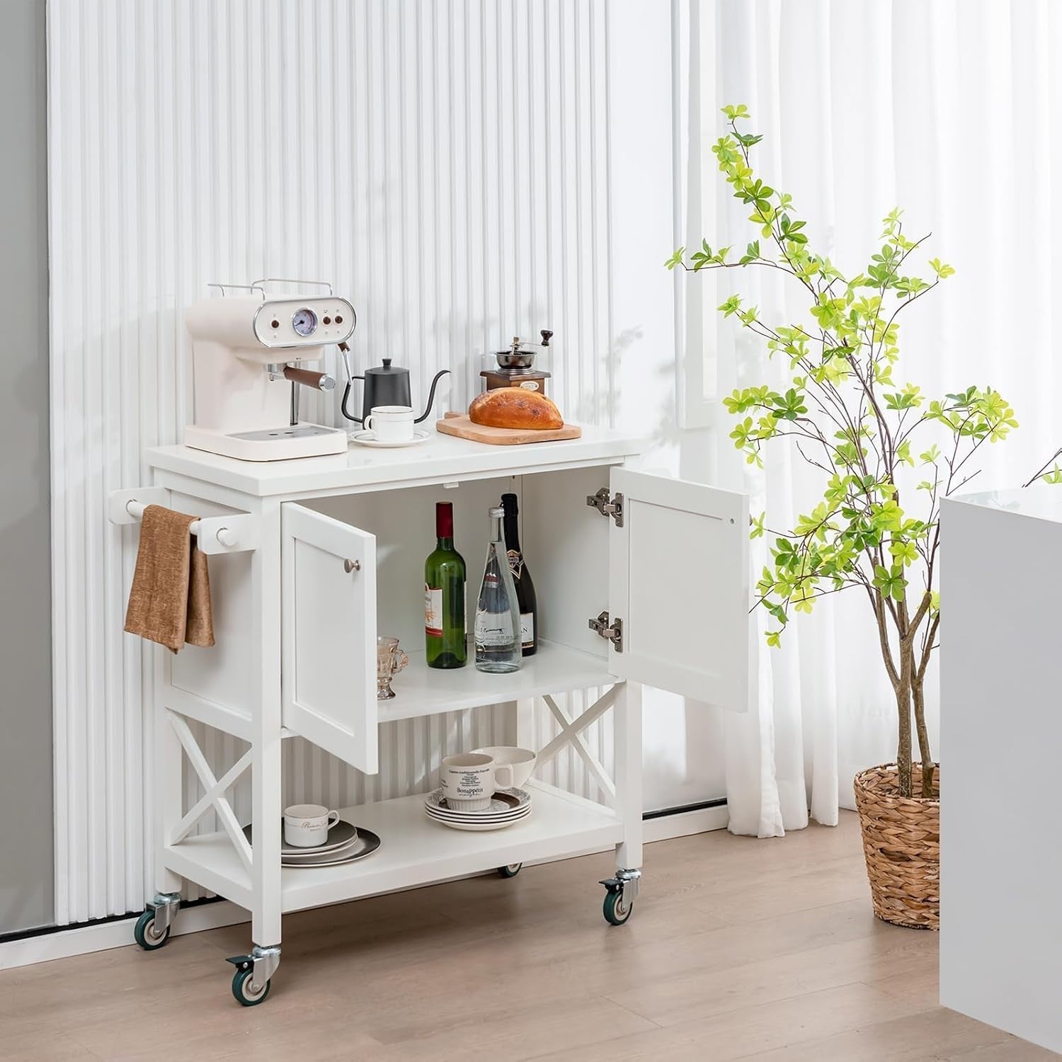 White Kitchen Island Cart 103cm Cabinet Shelf