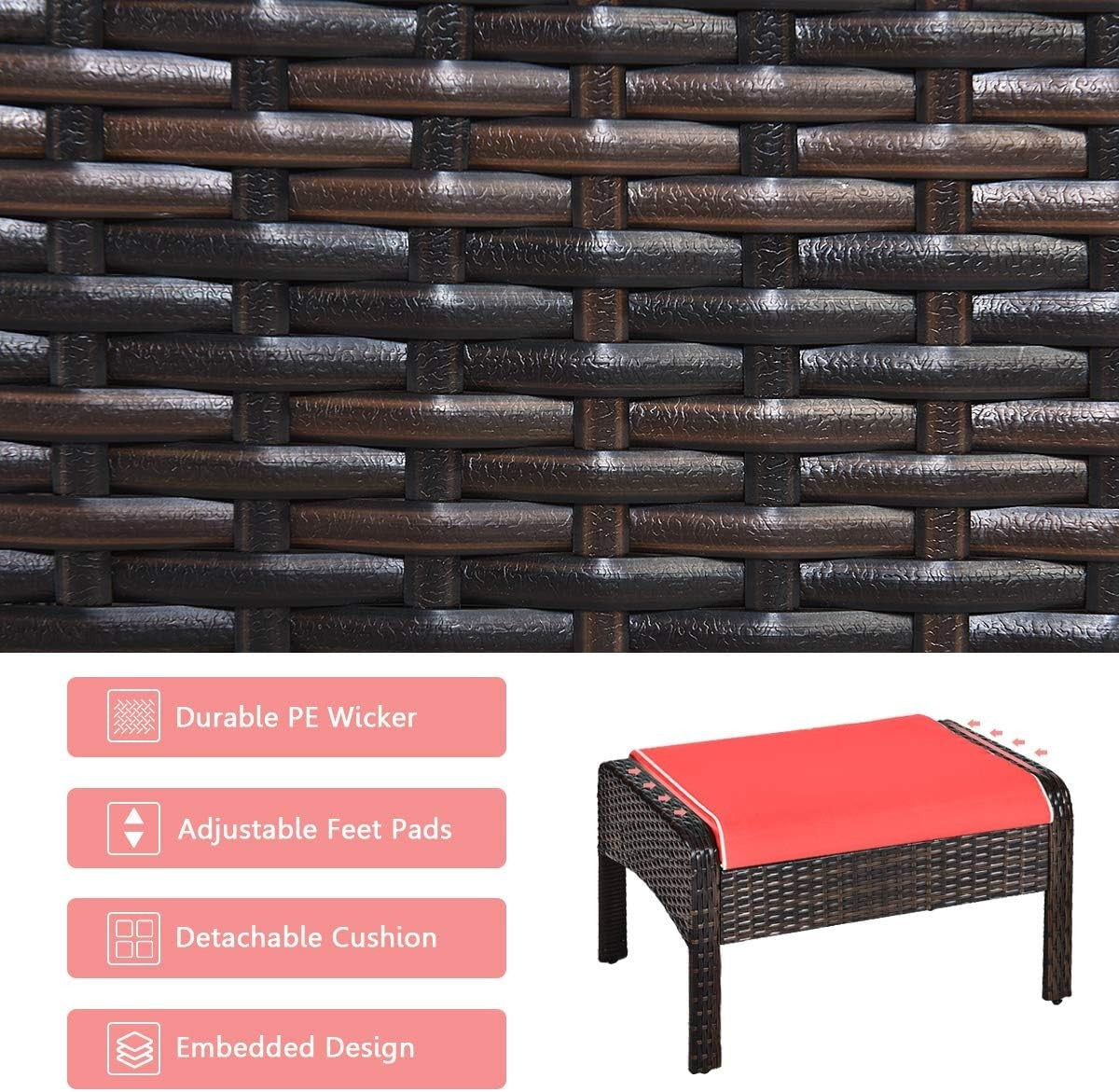 5PC Brown Red Outdoor Rattan Garden Sofa Set w/ Cushions & Glass Table