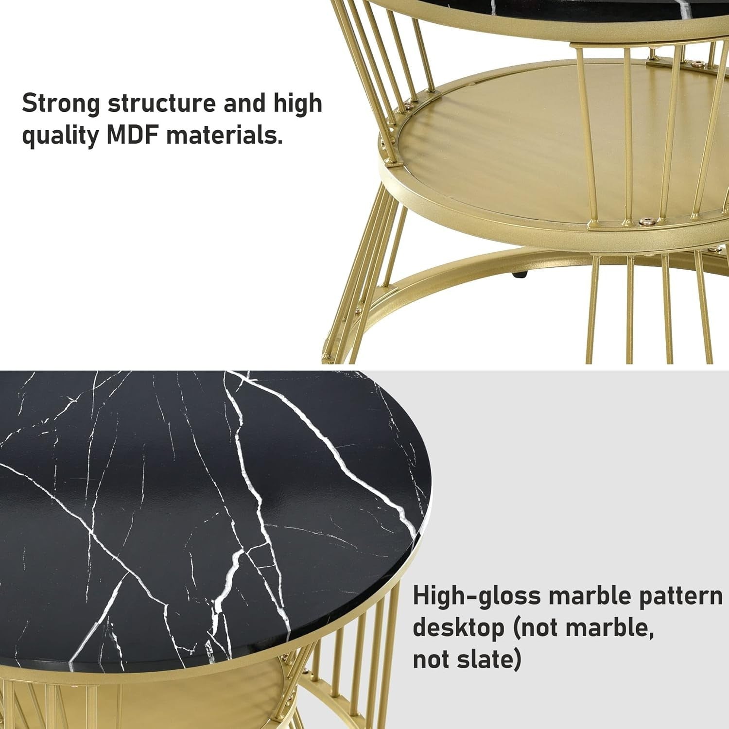 Round Coffee Table Set Nested Faux Marble Black Adjustable Height Living Room