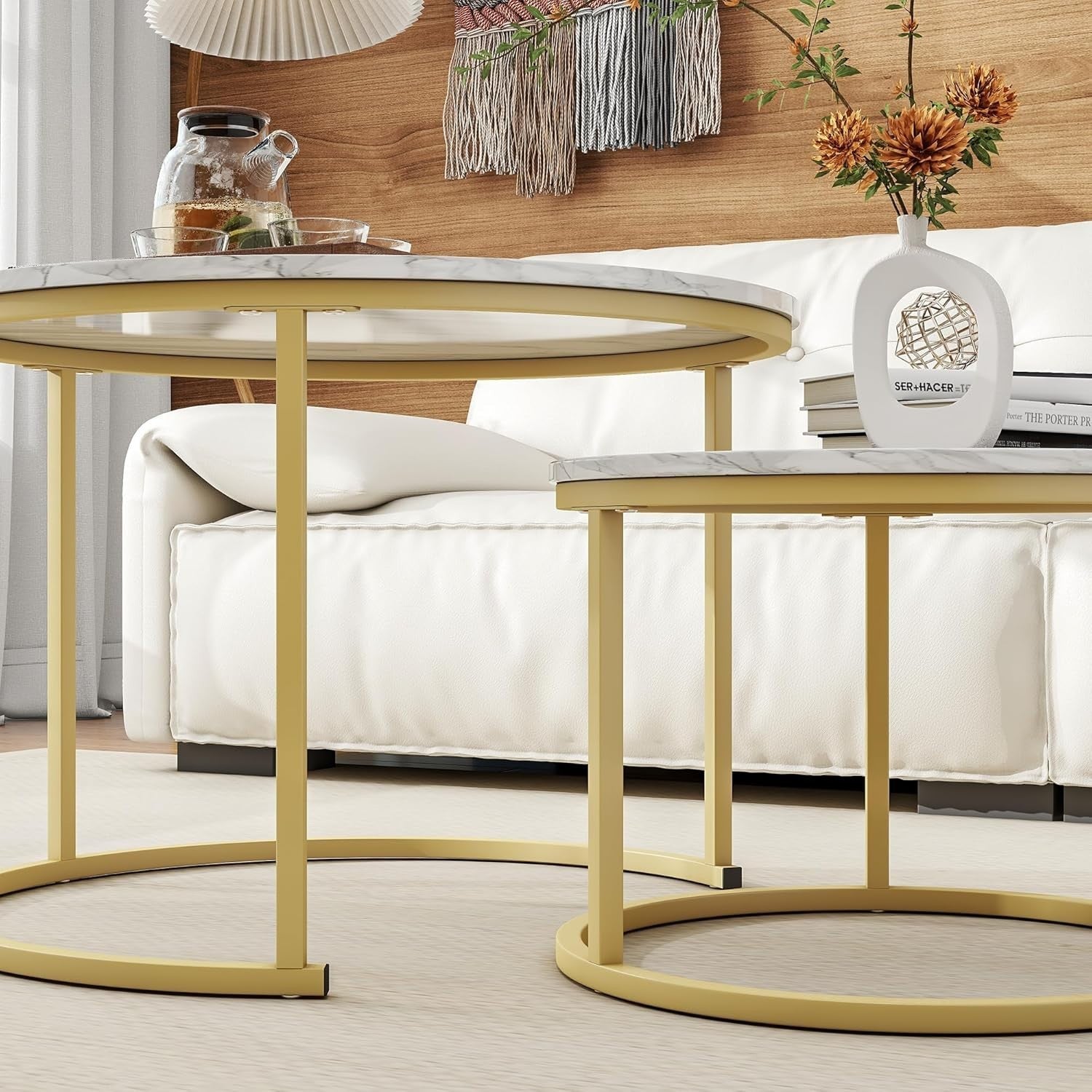 Round Nesting Coffee Table Set of 2 – Space-Saving Living Room Side Tables Gold