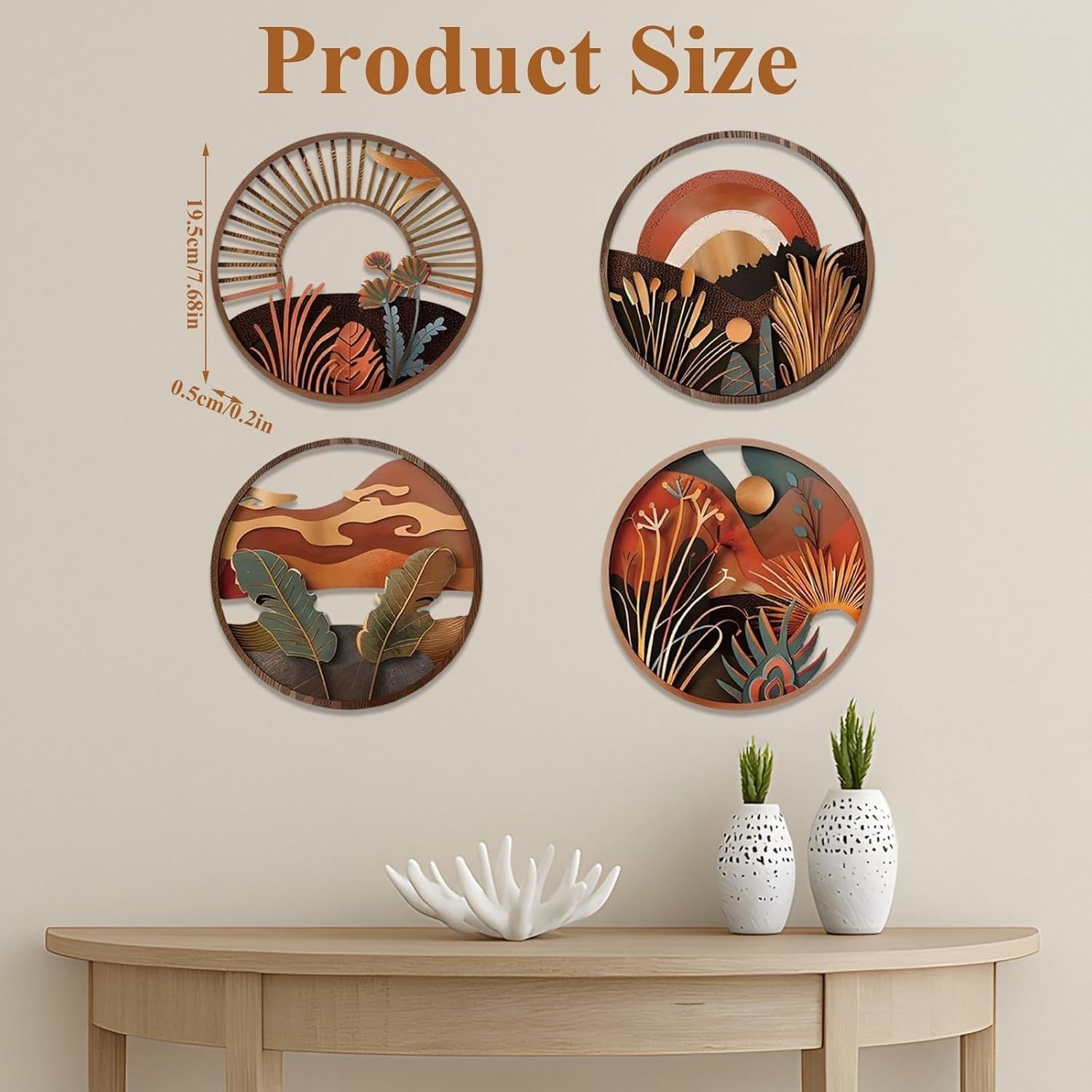 4pcs Boho Round Wooden Wall Art Hanging Decor Set