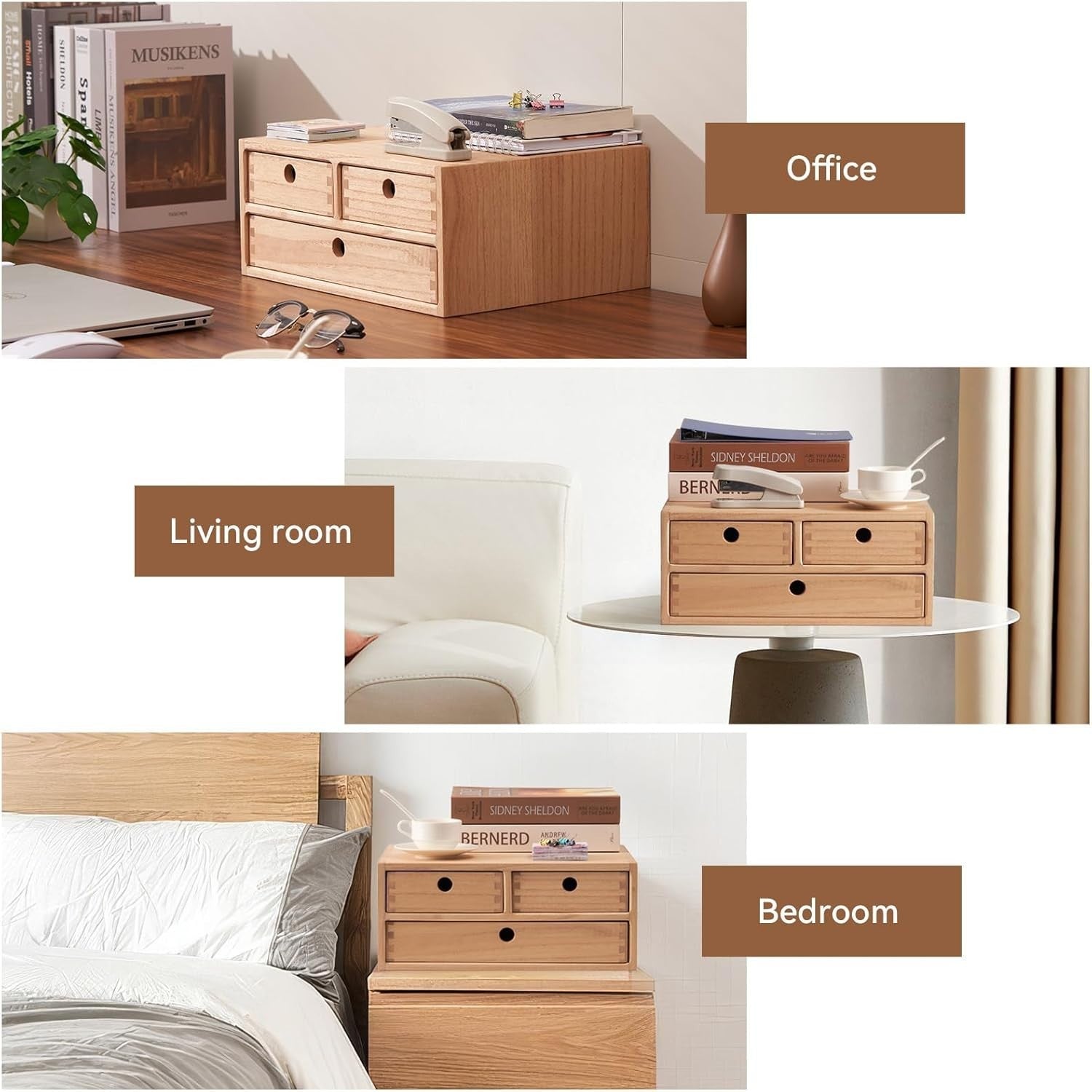Natural Wood Desktop Organizer 3 Drawer Filing Box 35cm Office Storage