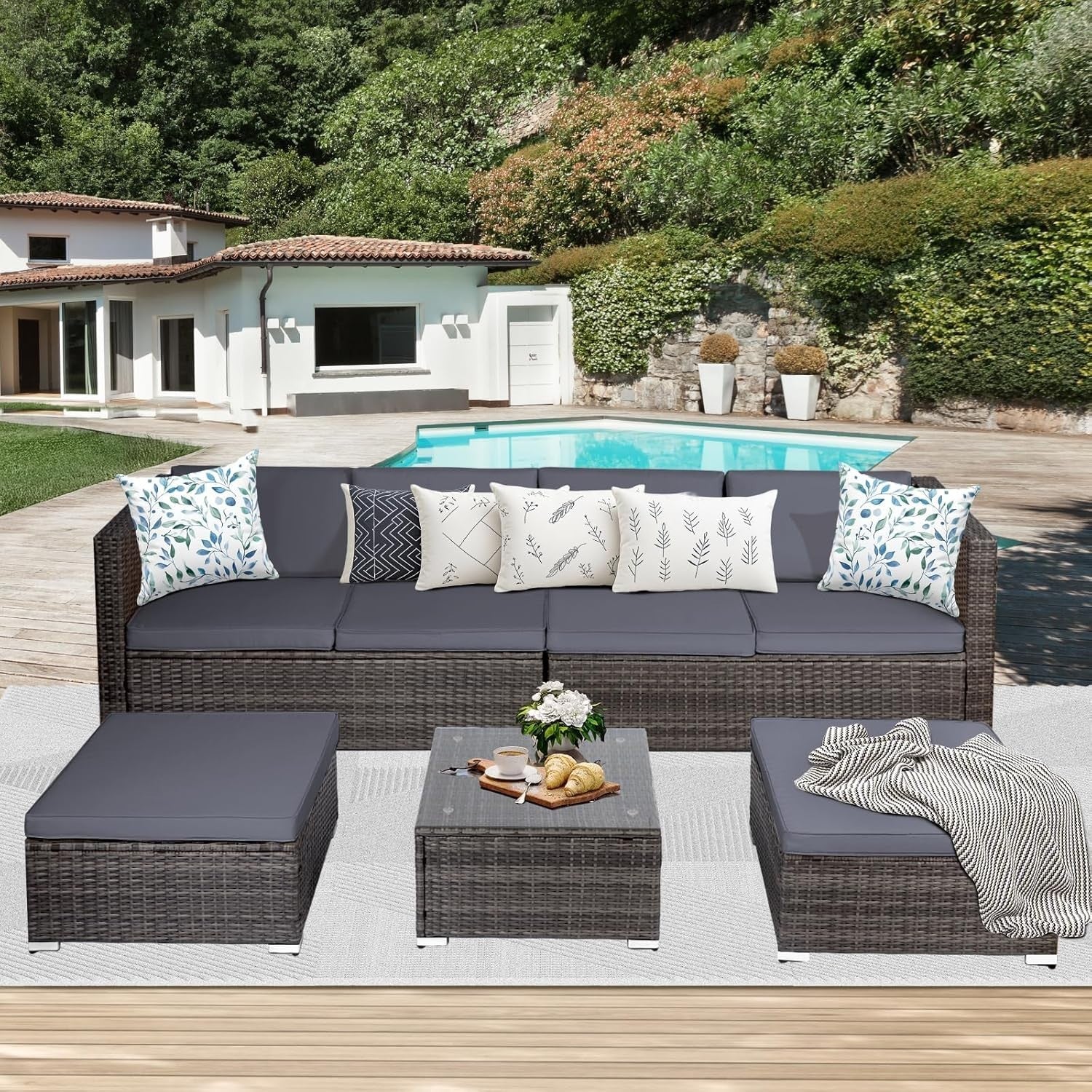 6 Seater Rattan Garden Sofa Set | Modular Patio Lounge with Cushions & Table