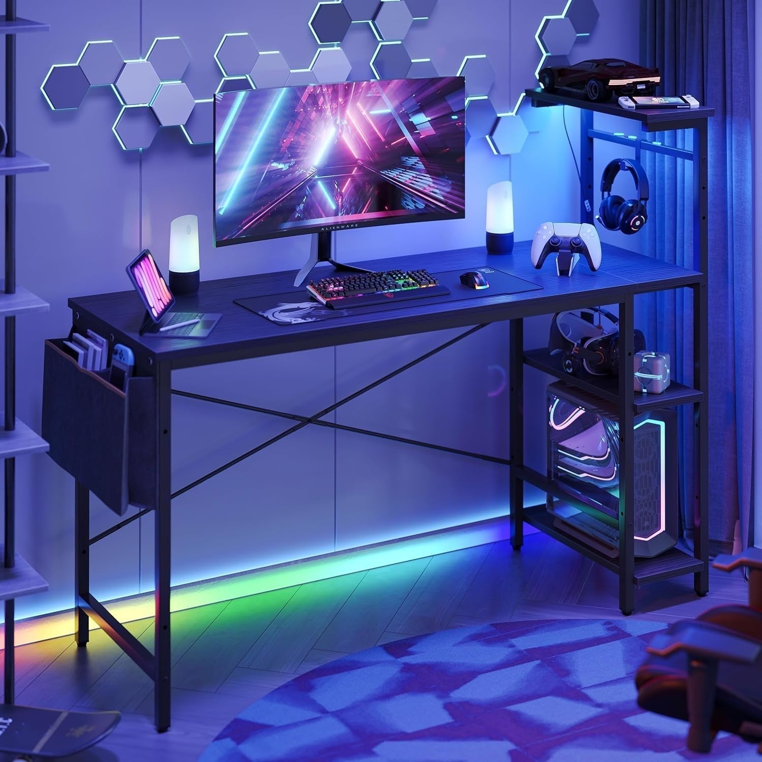 Black 140cm Reversible Gaming Desk w/LED Lights & Storage Shelves