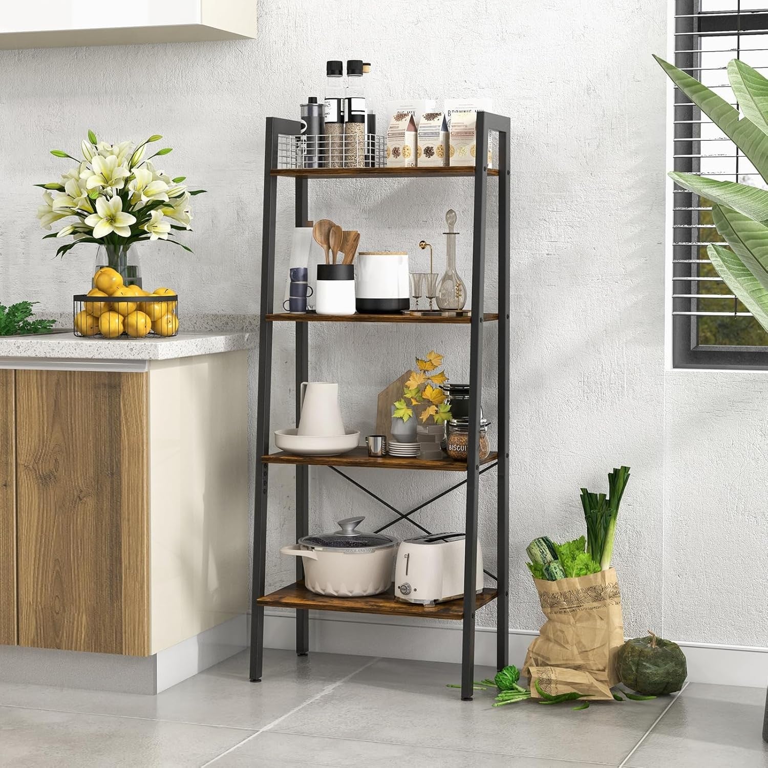 Rustic Brown Industrial Ladder Shelf 4-Tier Freestanding Storage Rack
