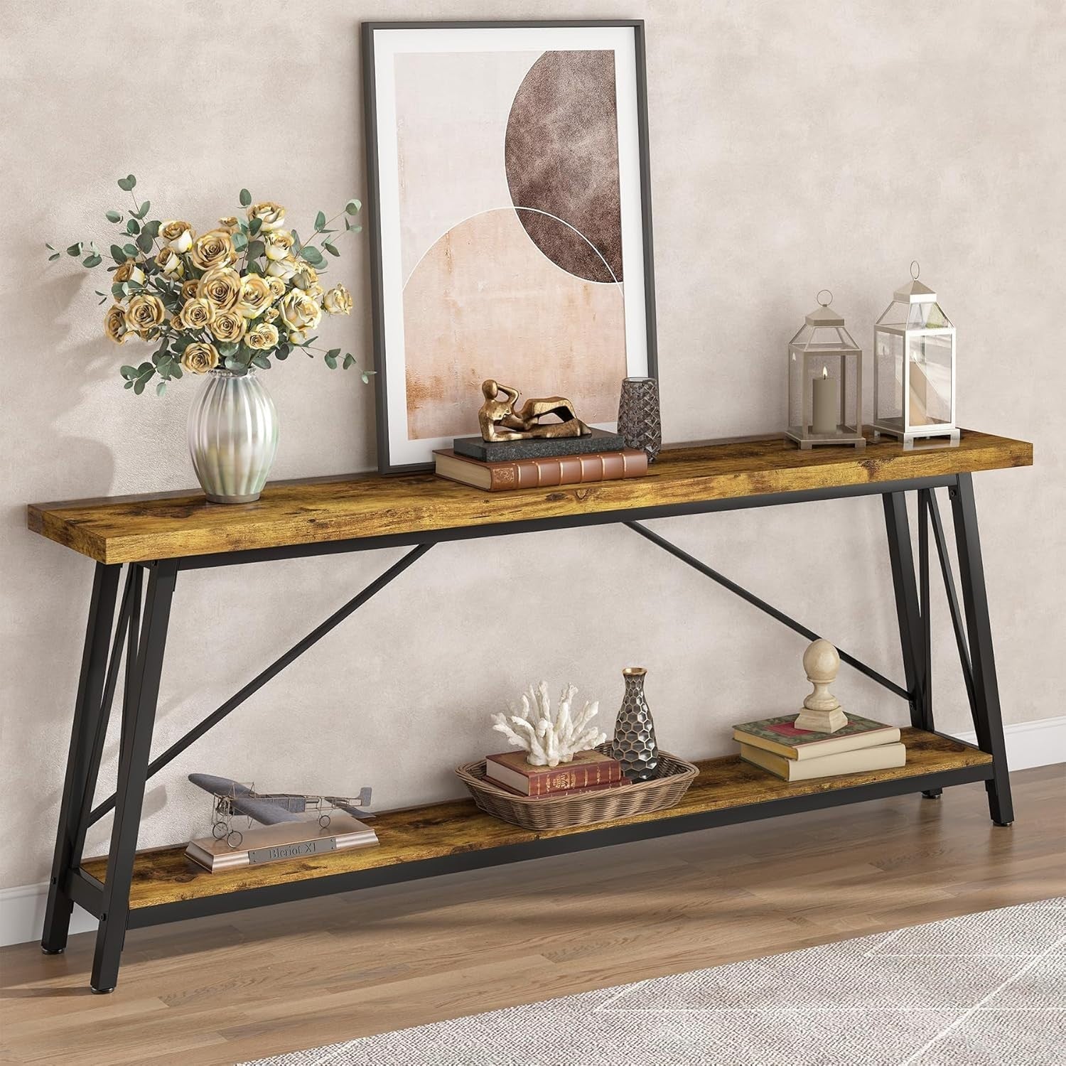 Extra Long Industrial Console Table – Sofa Back Entryway Shelf Storage