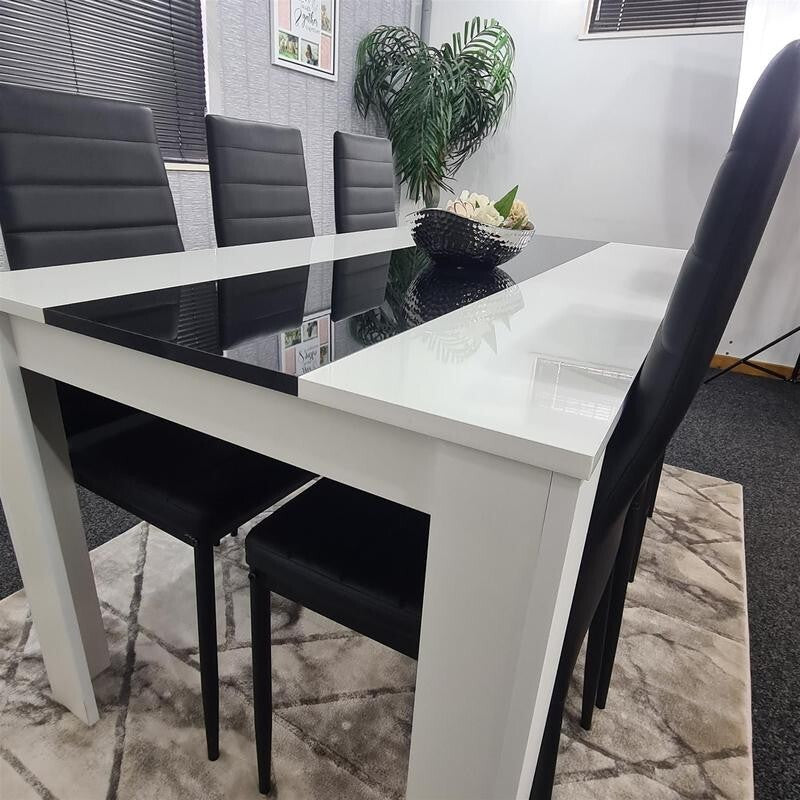 6 Seater Dining Table Set White Black Chairs Modern Kitchen Room MDF 140cm