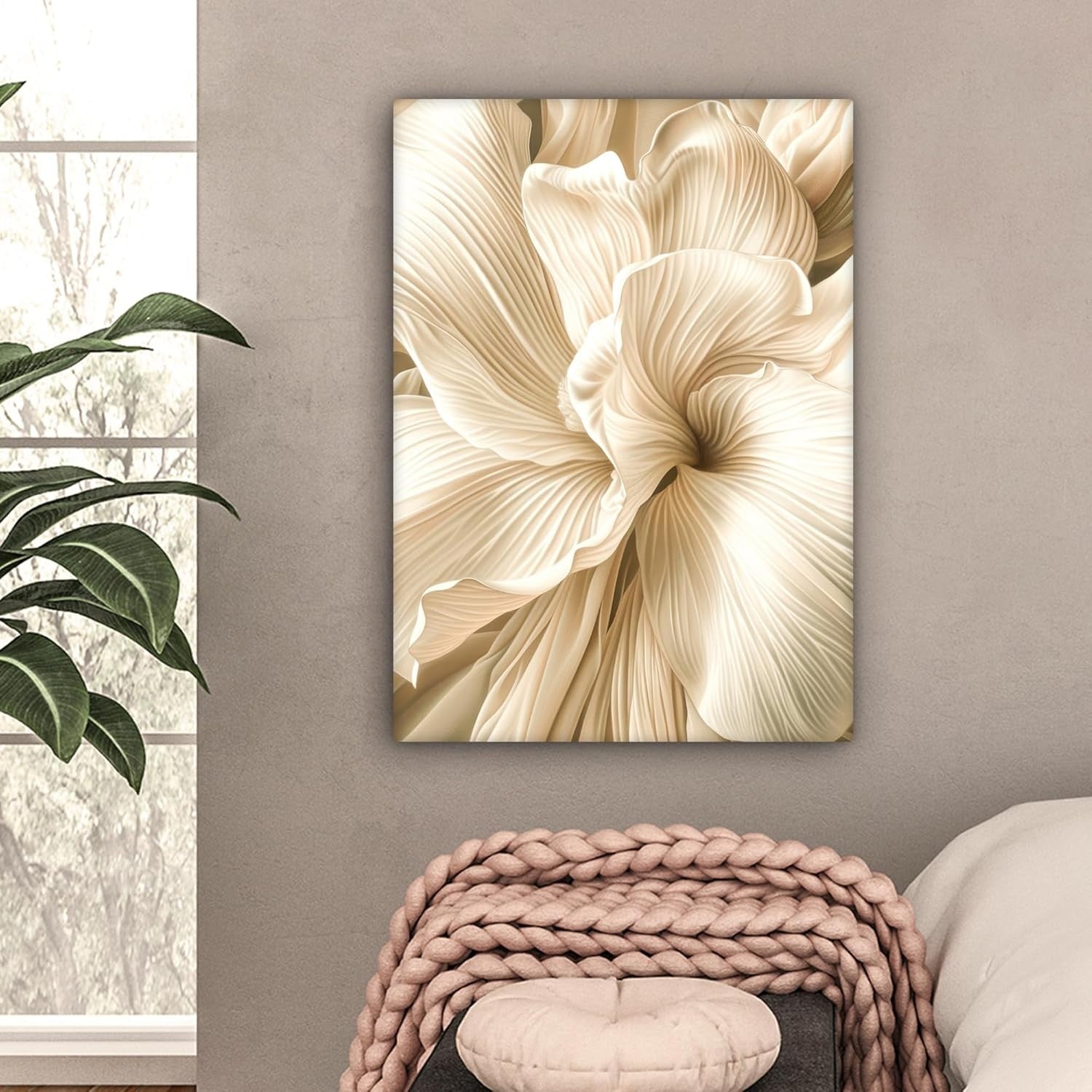 Large Framed Canvas Wall Art 50x70cm Beige Floral Abstract