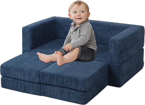 Kids Sofa Bed 2-Seater Foam Couch with Cushions, Versatile Play & Rest Blue