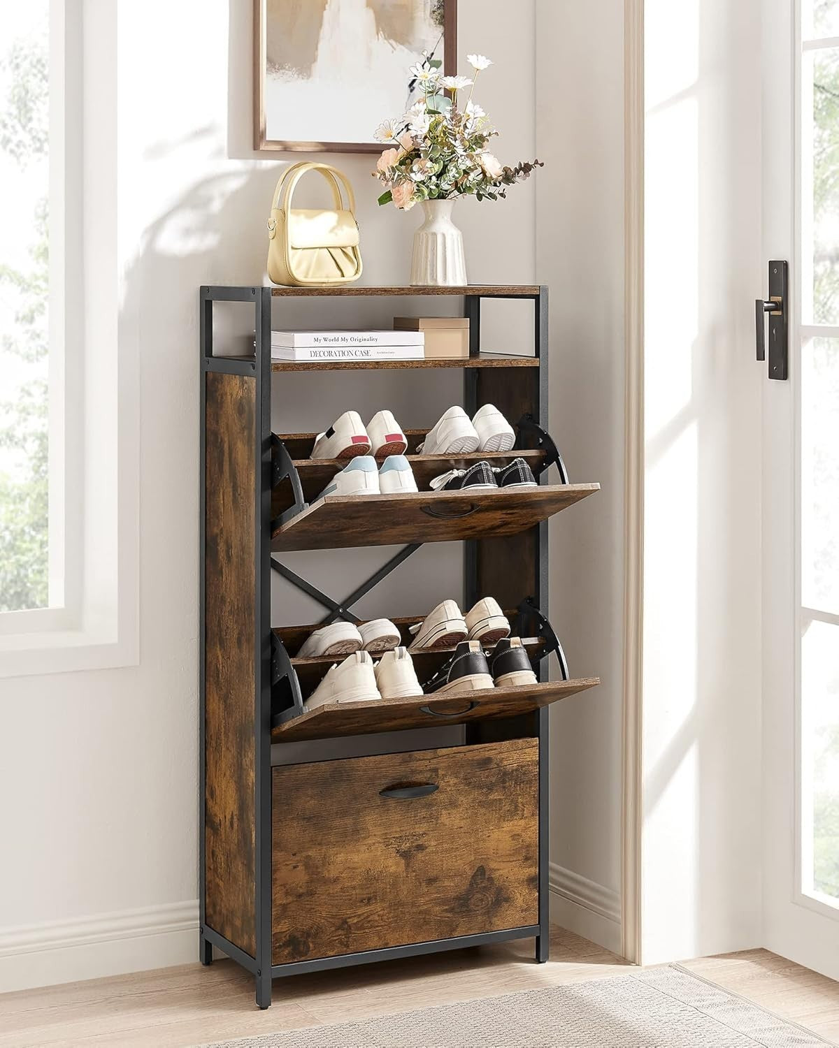 Slim Shoe Cabinet Storage with 3 Doors, Open Shelf, Holds 18 Pairs, 130cm